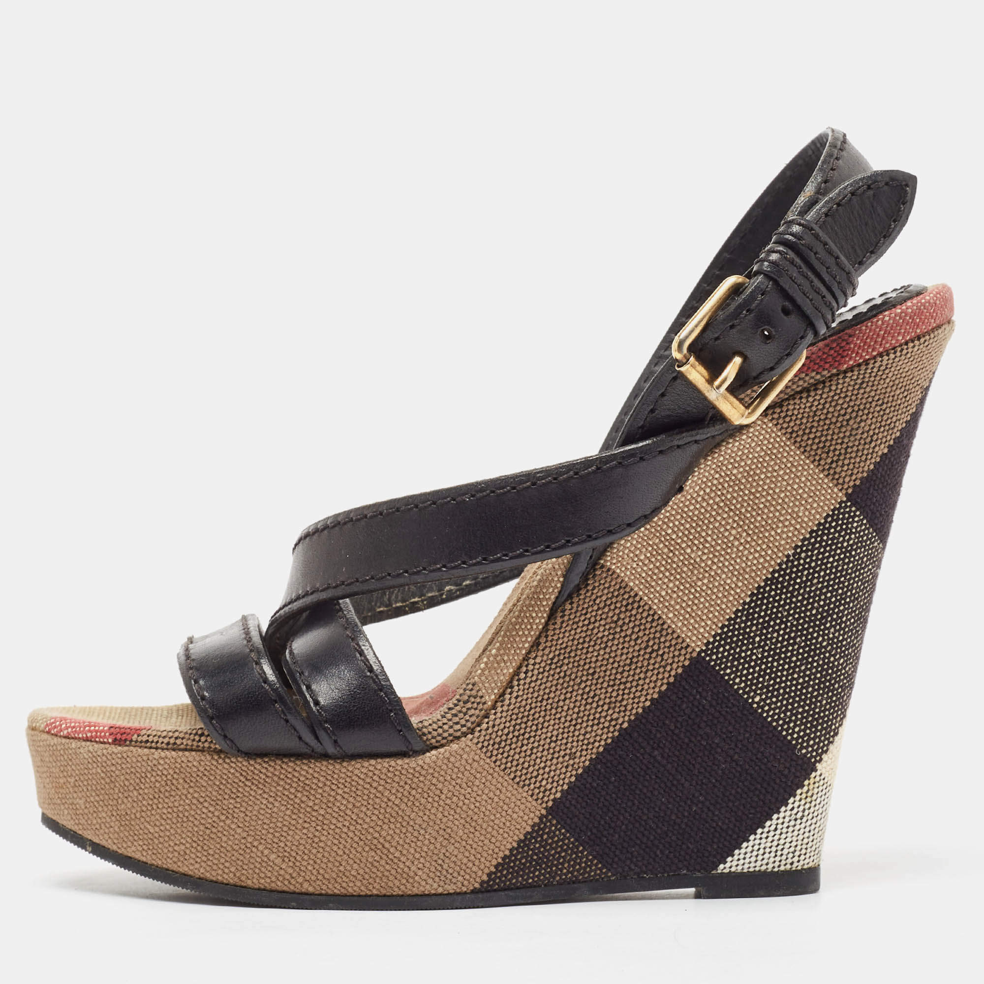 Burberry Beige/Black Canvas and Leather Nova Wedge Sandals Size 39