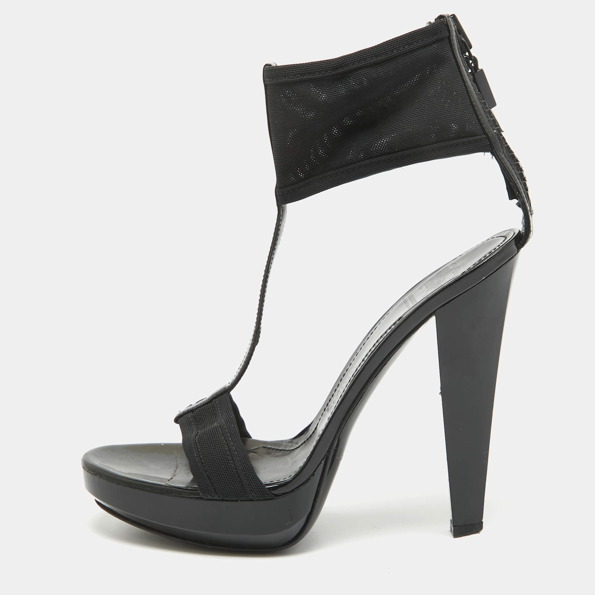 Pre Owned Burberry Black Lace and Patent Leather Ankle Strap Sandals Size 38