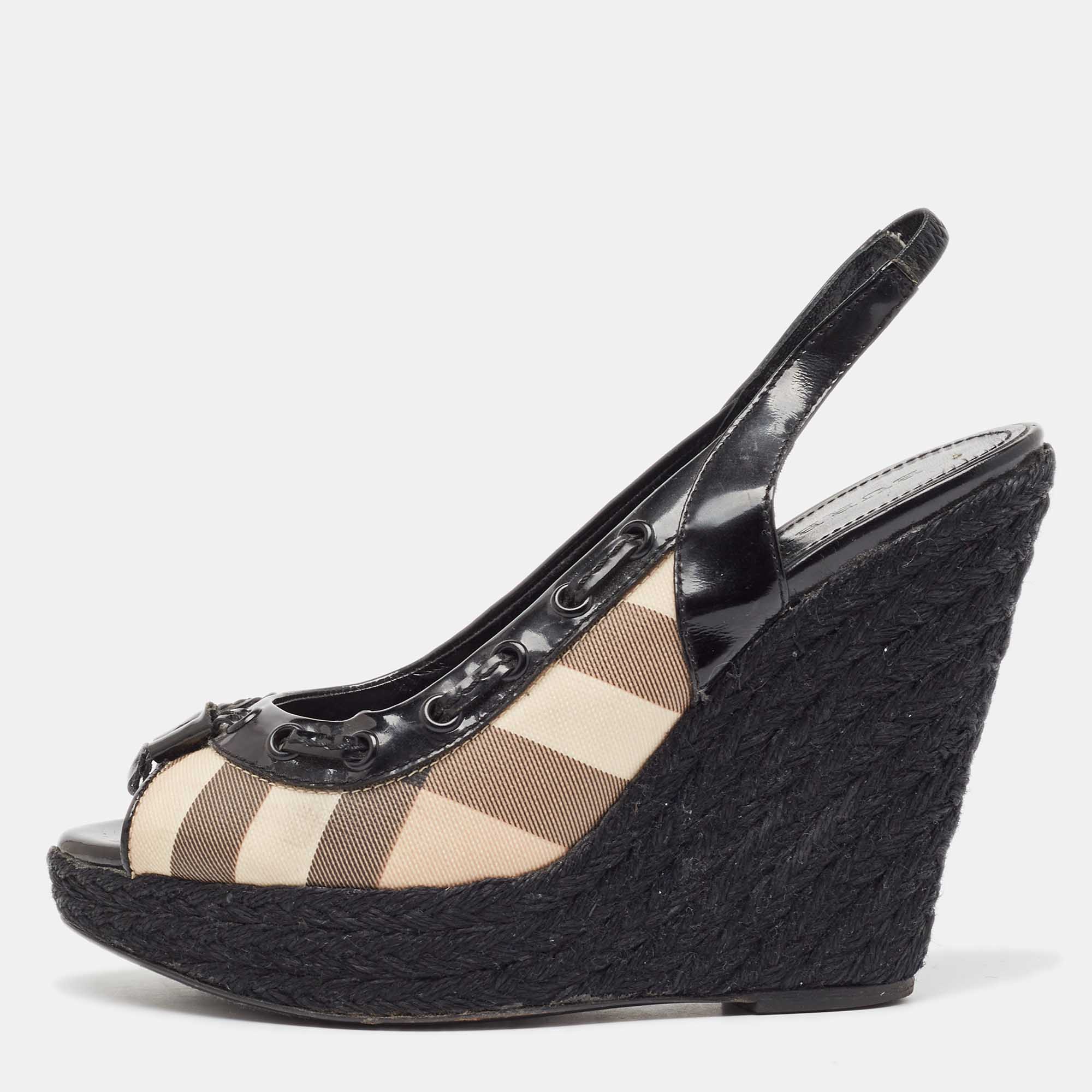 Burberry  Black/Beige Canvas and Patent Wedge Sandals Size 39