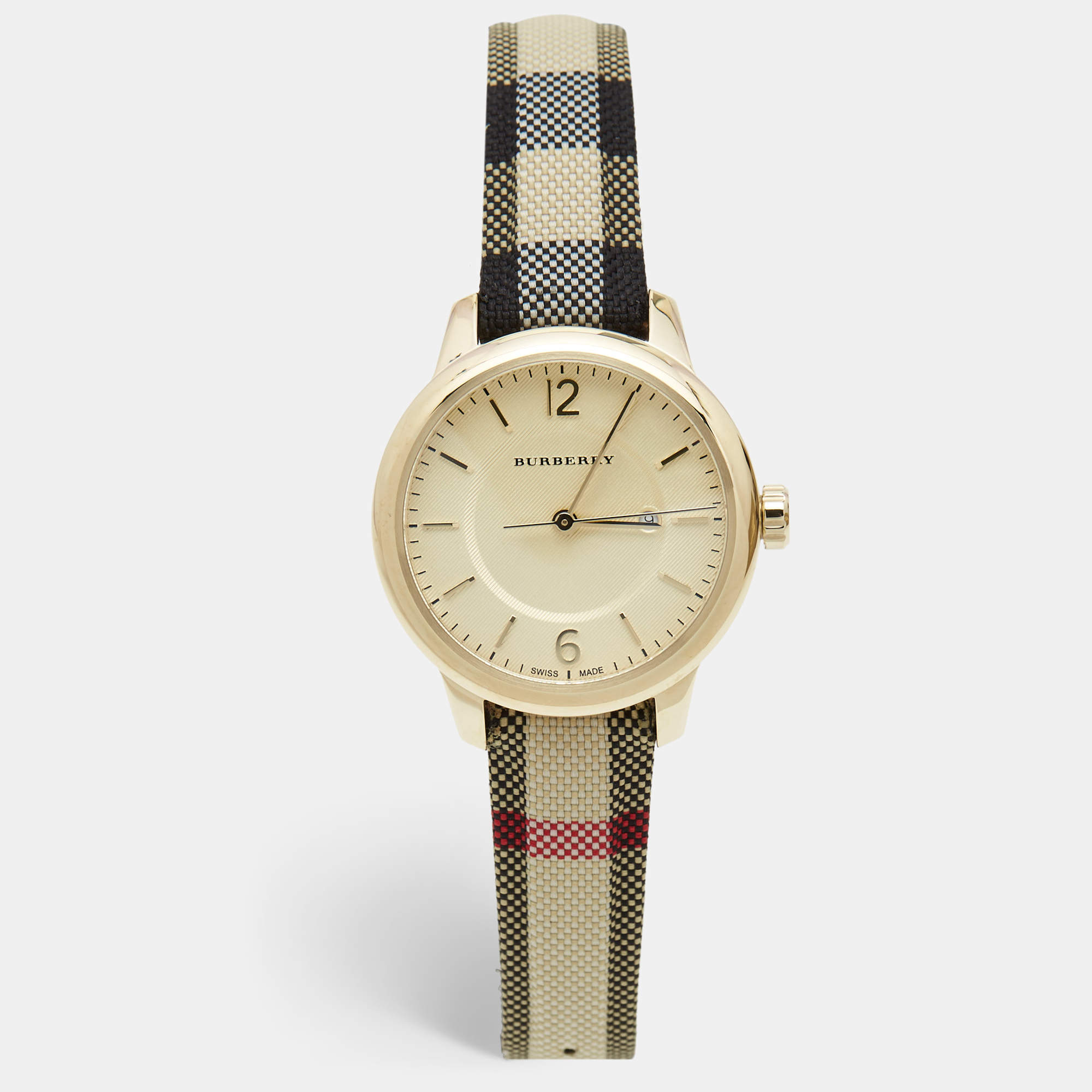 Pre Owned Burberry Yellow Gold Plated Stainless Steel Leather Canvas The Classic BU10103 Women's Wristwatch 32 mm