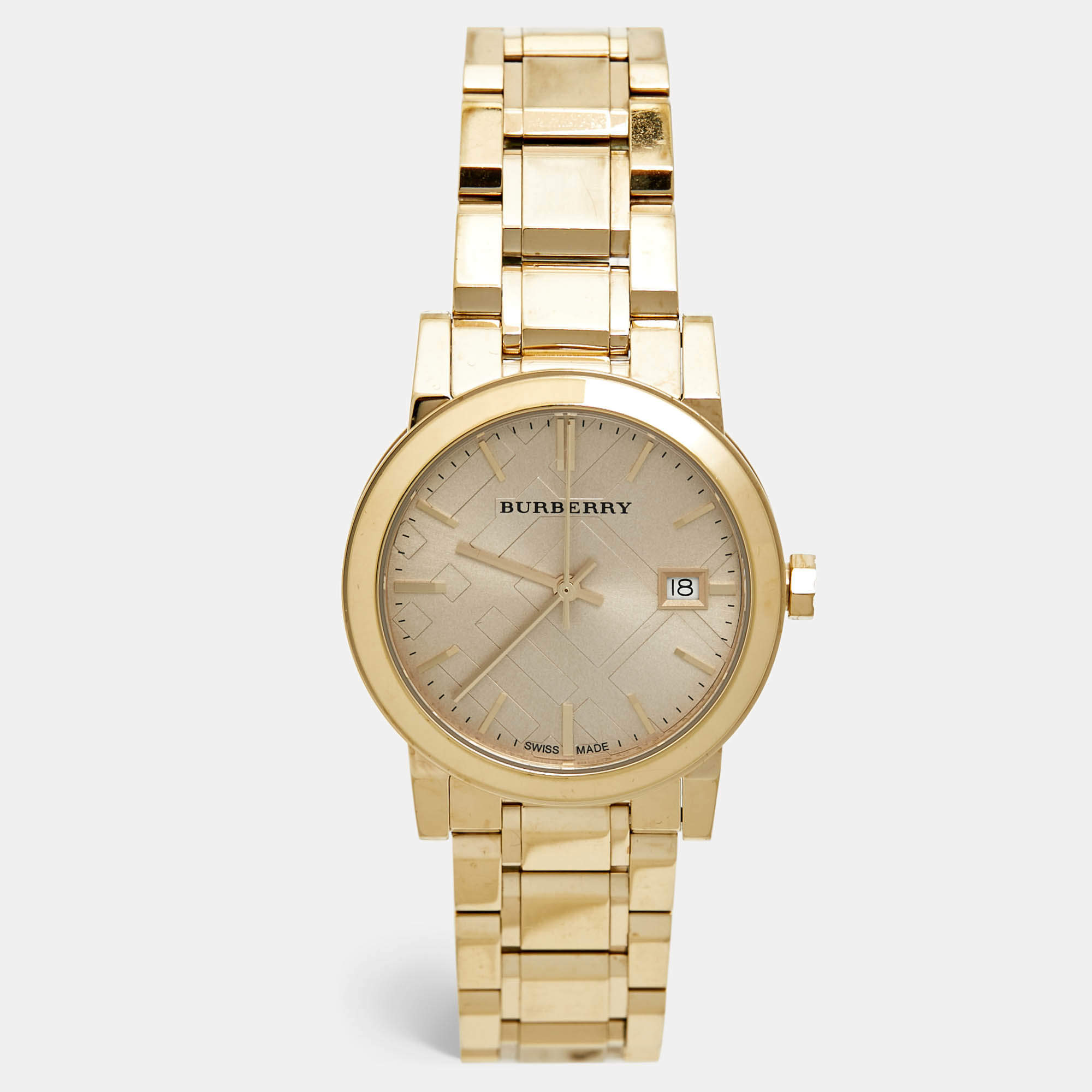 Pre Owned Burberry Champagne Dial Gold Plated Stainless Steel The City Bu9134 Women's Wristwatch 34 mm