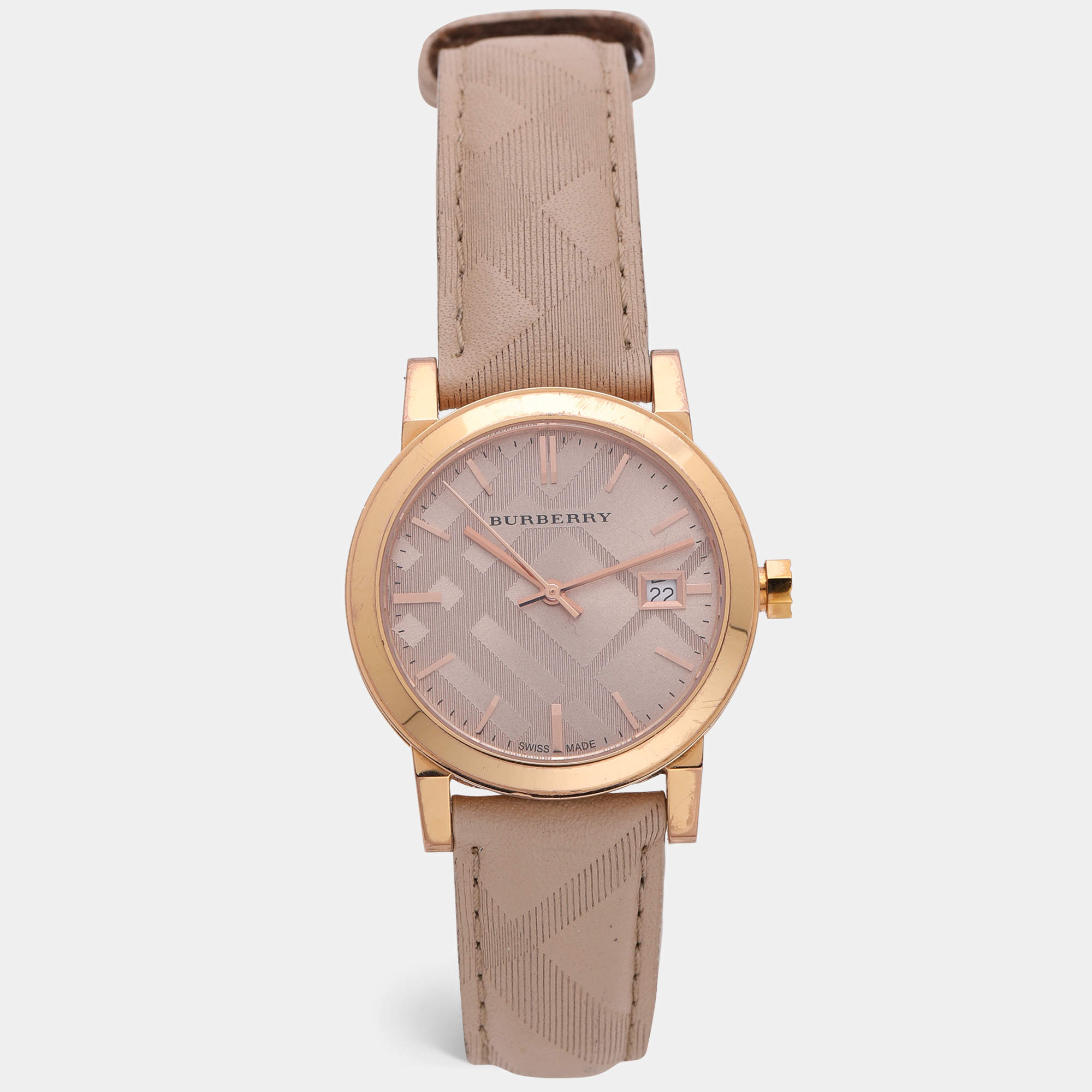 مملوكة مسبقًا Burberry Beige Rose Gold Plated Stainless Steel Leather BU9014 Women's Wristwatch 34.5 mm