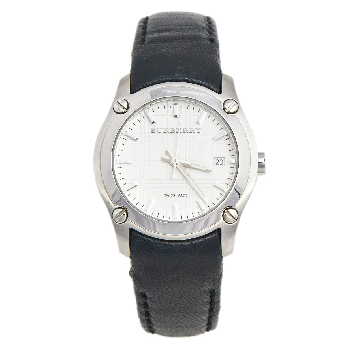 Pre Owned Burberry White Stainless Steel Leather BU1859 Women's Wristwatch 29 mm