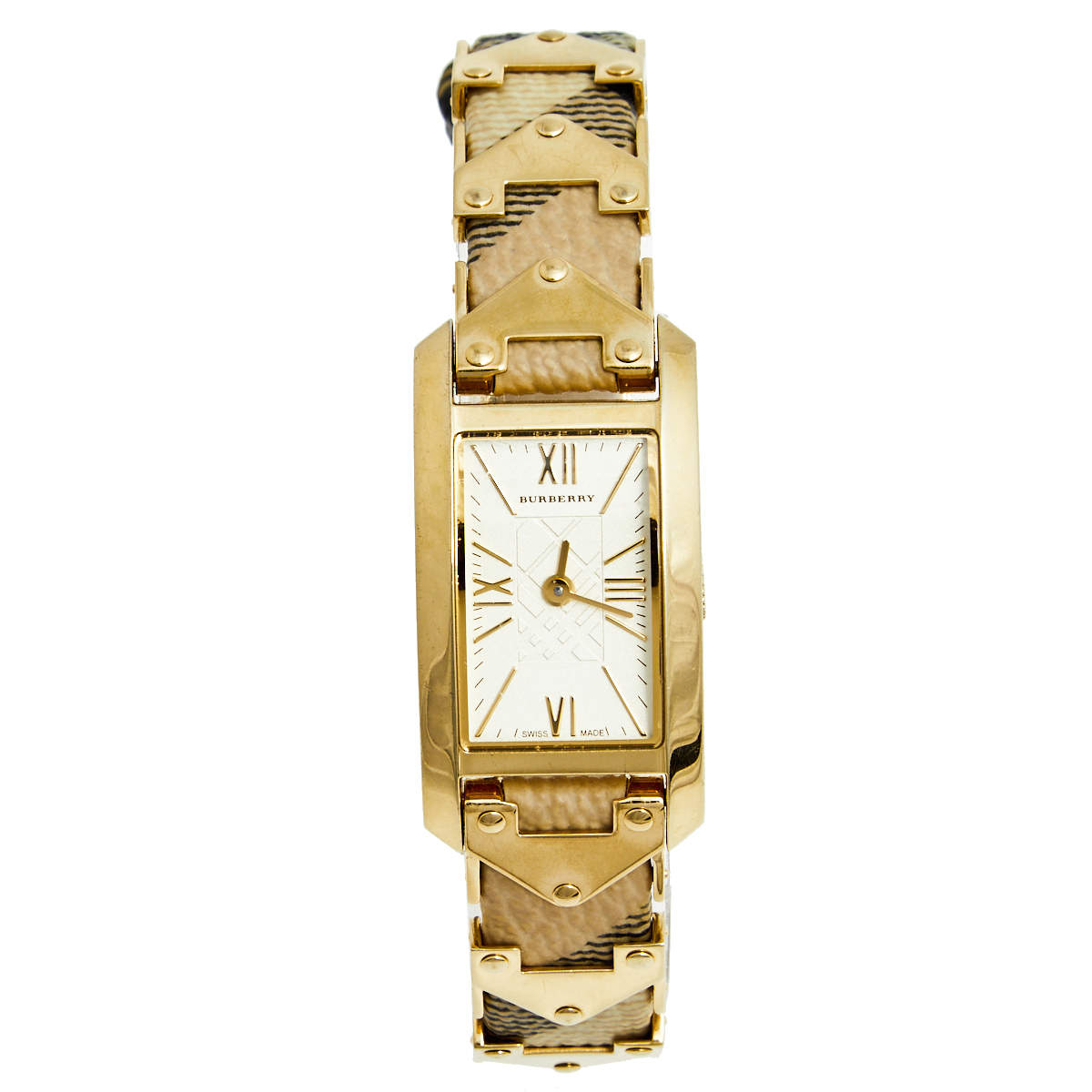 Pre Owned Burberry Champagne Yellow Gold Plated Stainless Steel Leather BU1072 Women's Wristwatch 20 mm