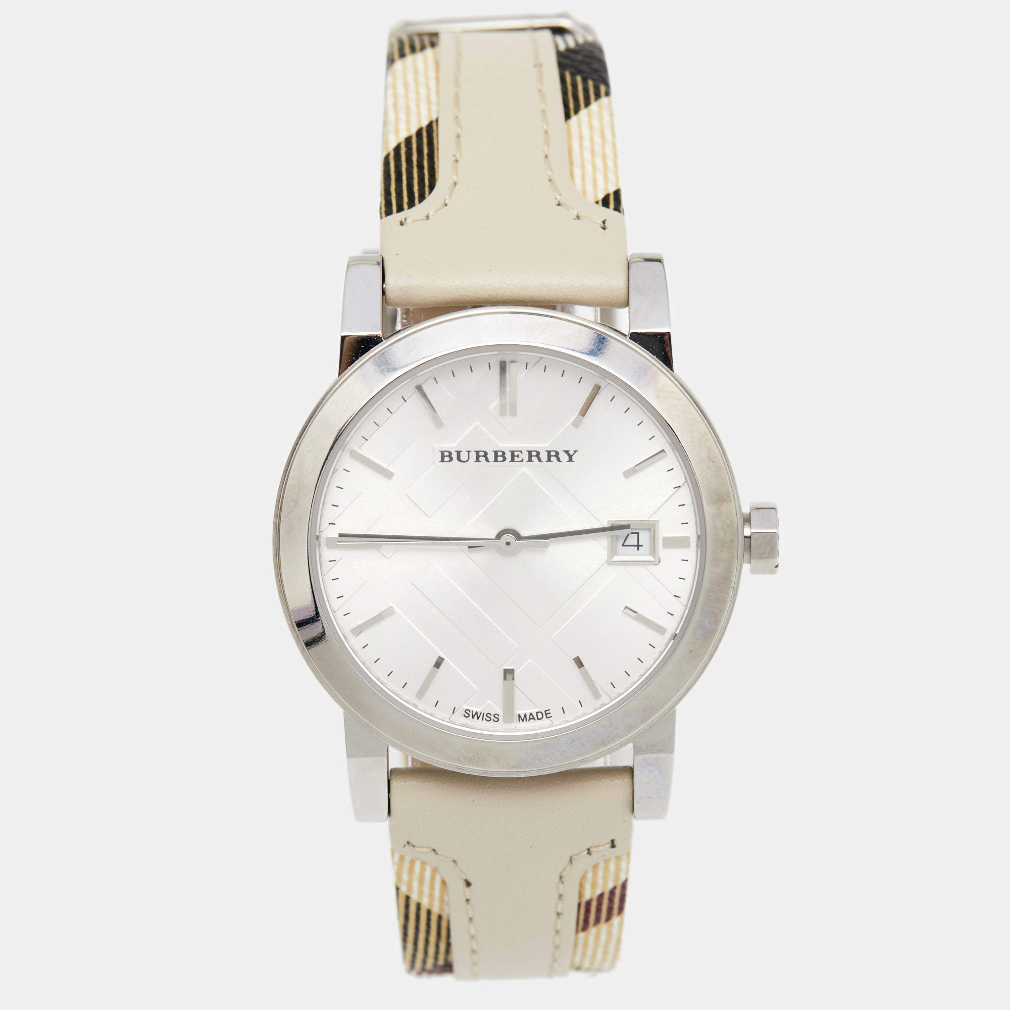 Pre Owned Burberry Silver Stainless Steel Leather The City BU9132 Women's Wristwatch 34 mm