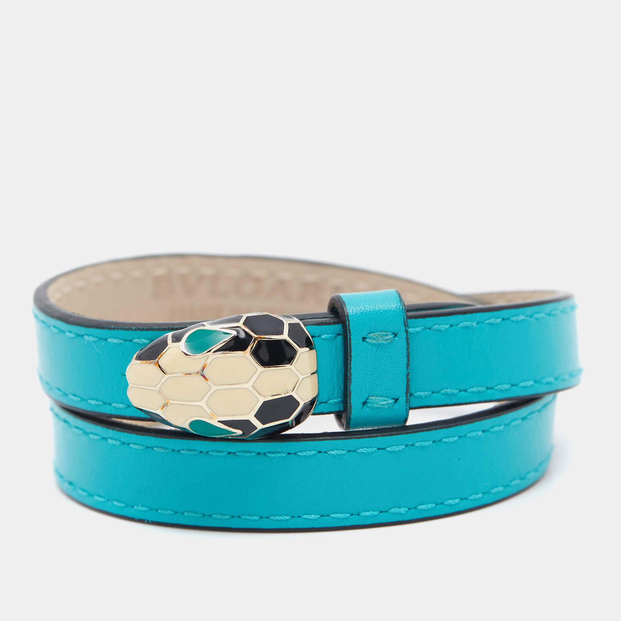 Pre Owned Bvlgari Serpenti Forever Enamel Turquoise Double Coiled Leather Gold Tone Bracelet