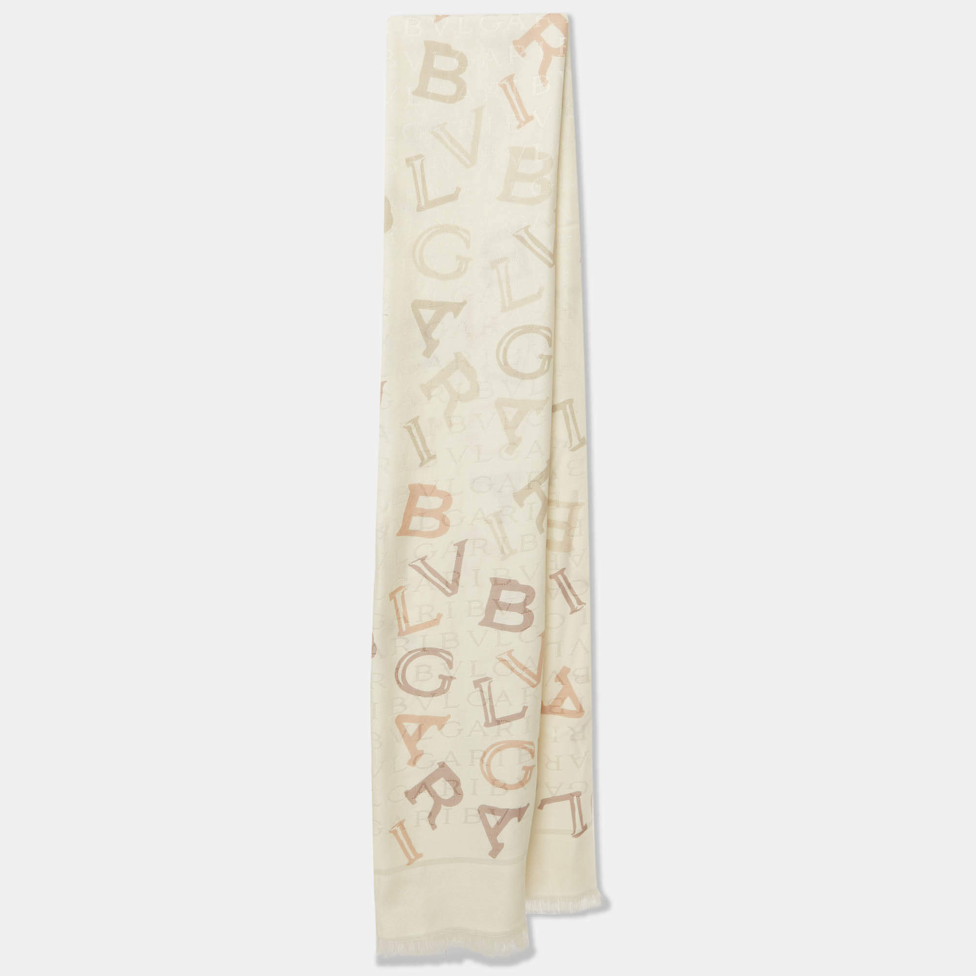 Pre Owned Bvlgari Off White Logomania Lettere Maxi Silk & Wool Stole