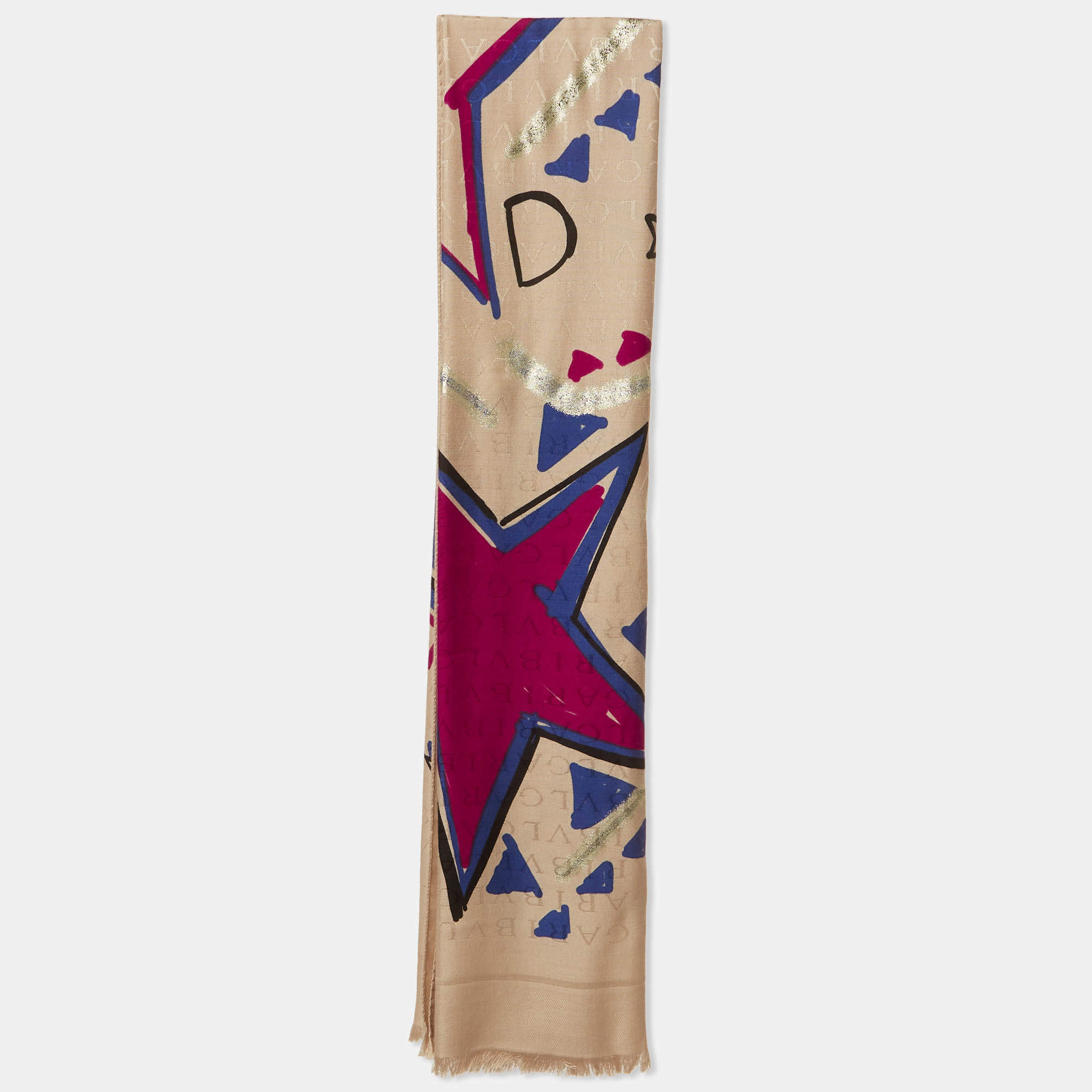 Pre Owned Bvlgari Beige Lettere Spangled Logomania Silk & Wool Scarf