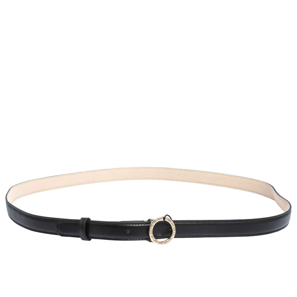 Pre Owned Bvlgari Black Leather Ring Buckle Belt 110CM