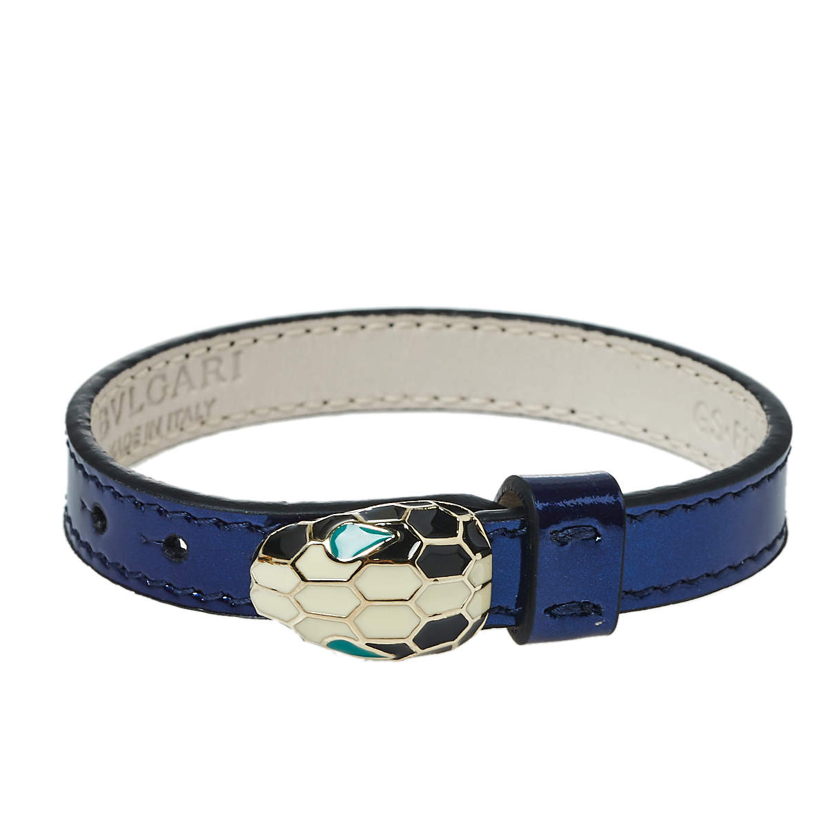 Pre Owned Bvlgari Serpenti Forever Enamel Gold Plated Metallic Blue Leather Bracelet