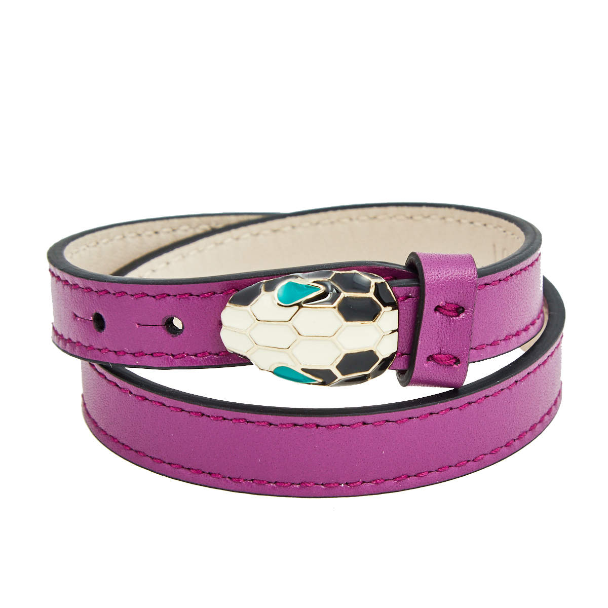Bvlgari Serpenti Forever Purple Leather Enamel Gold Tone Metal Double Coil Bracelet