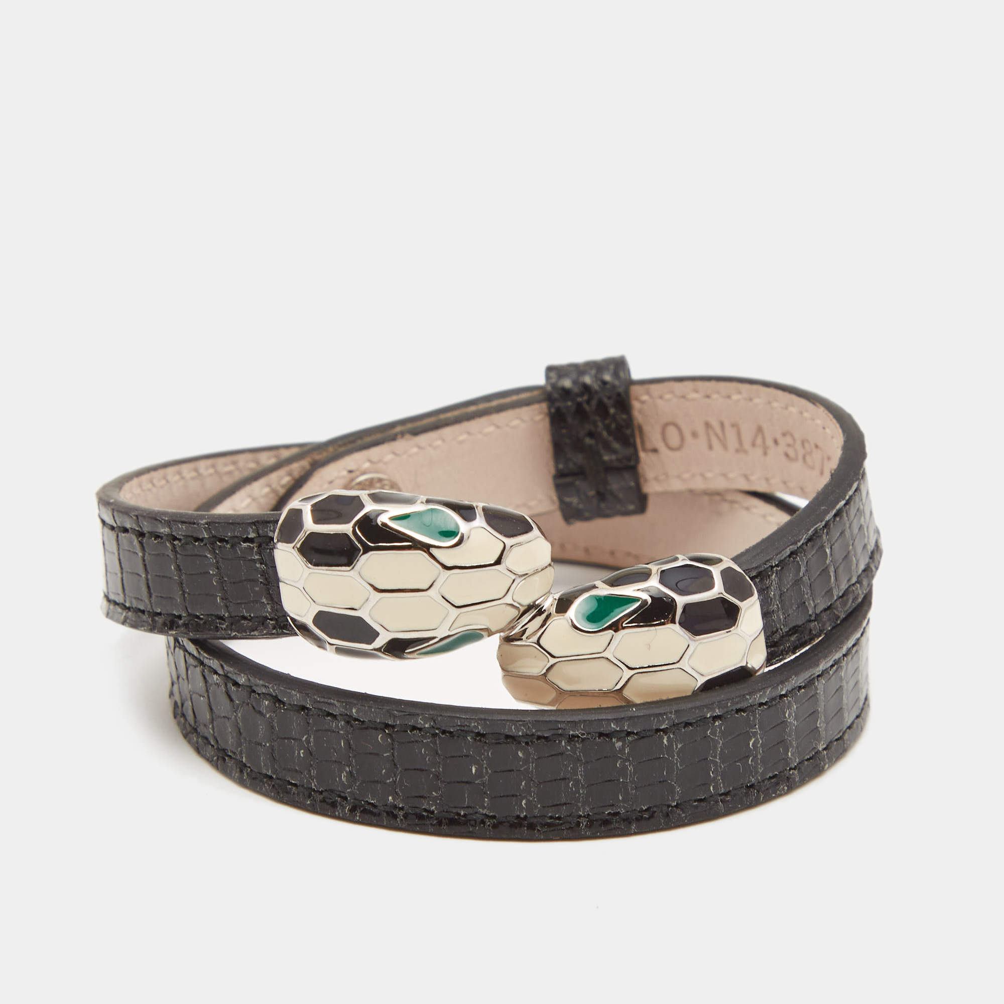 Pre Owned Bvlgari Serpenti Forever Lizard Skin Leather Enamel Silver Tone Bracelet