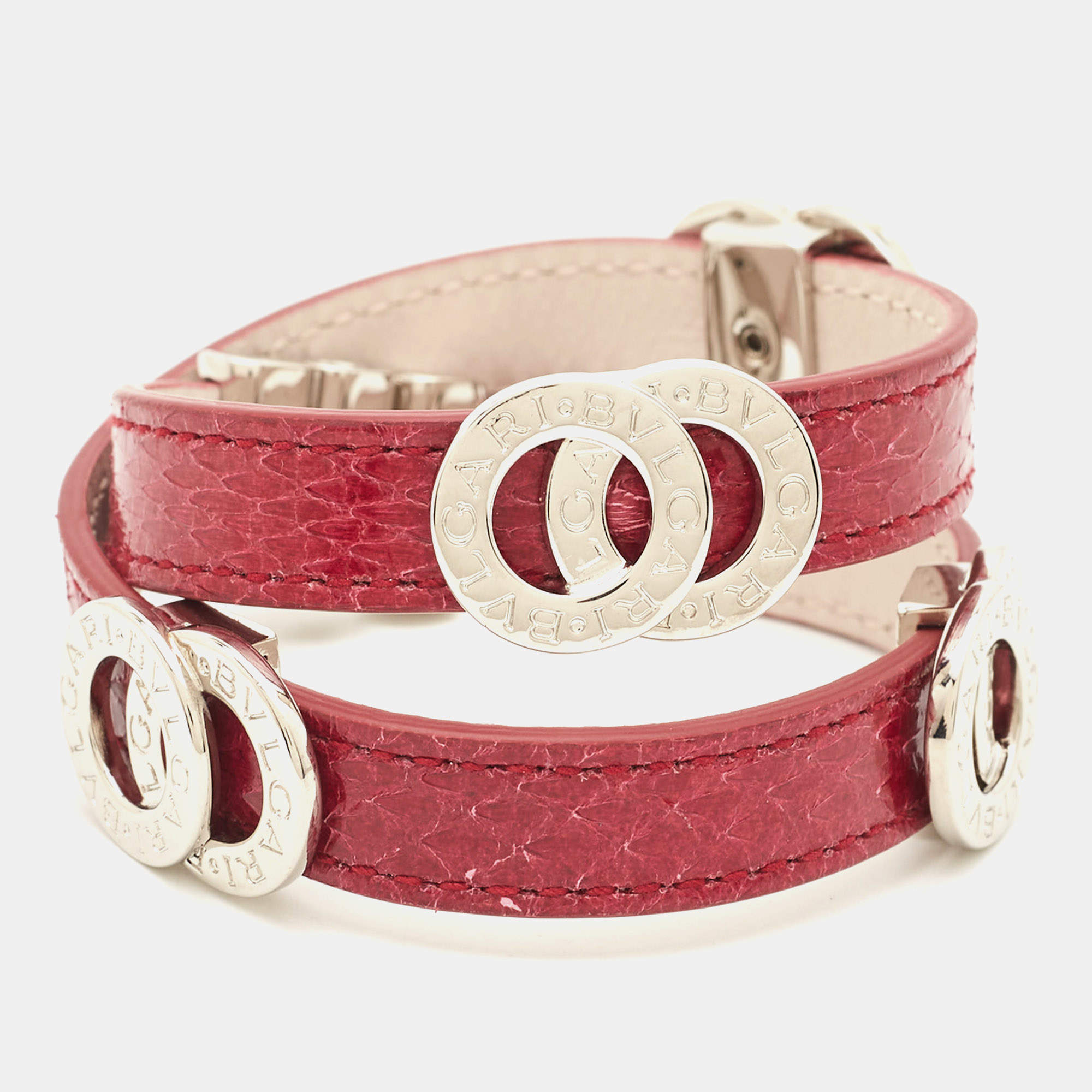 Pre Owned Bvlgari Double Coiled Red Snakeskin Leather Silver Tone Wrap Bracelet