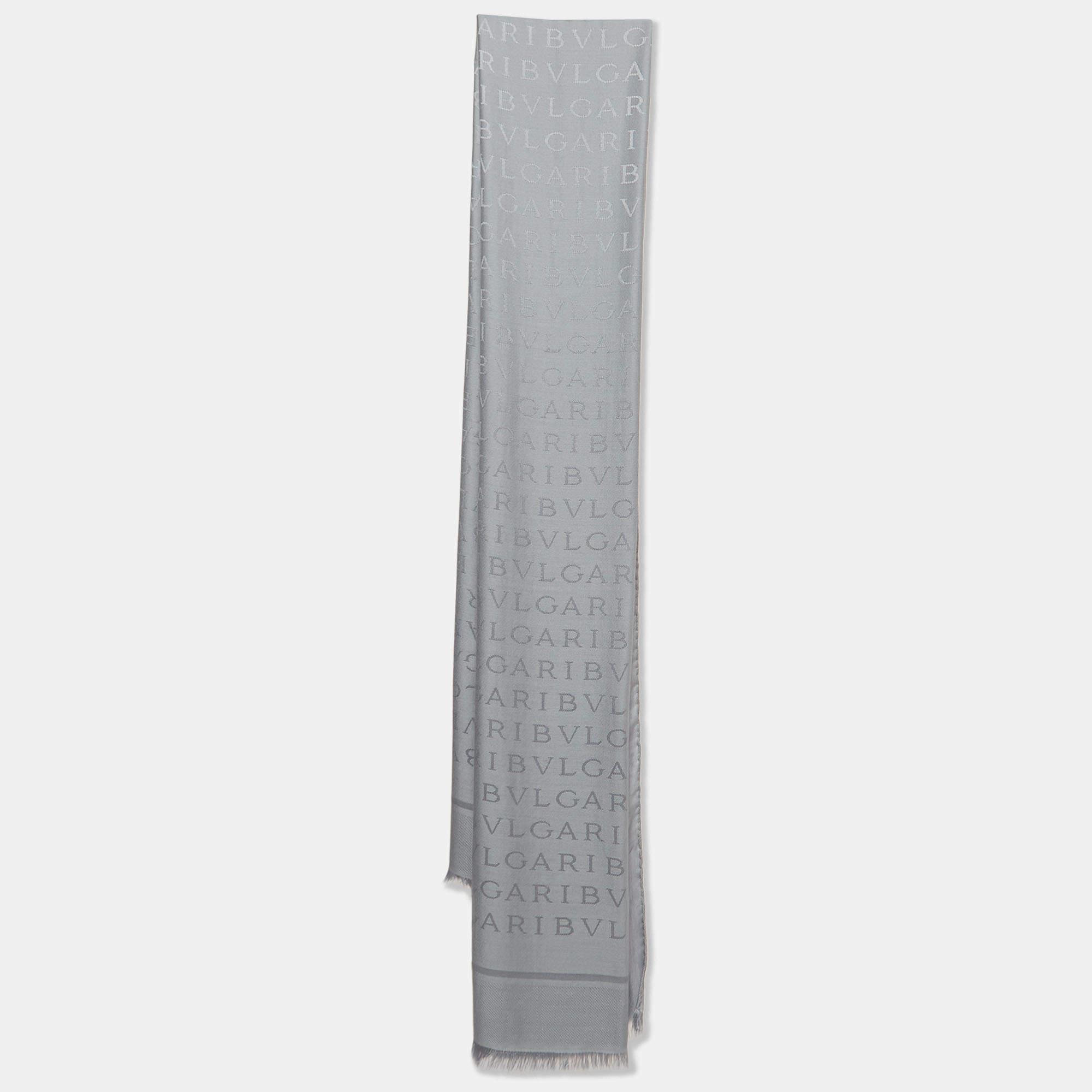 Pre Owned Bvlgari Grey Lettere Maxi Logomania Silk & Wool Stole 