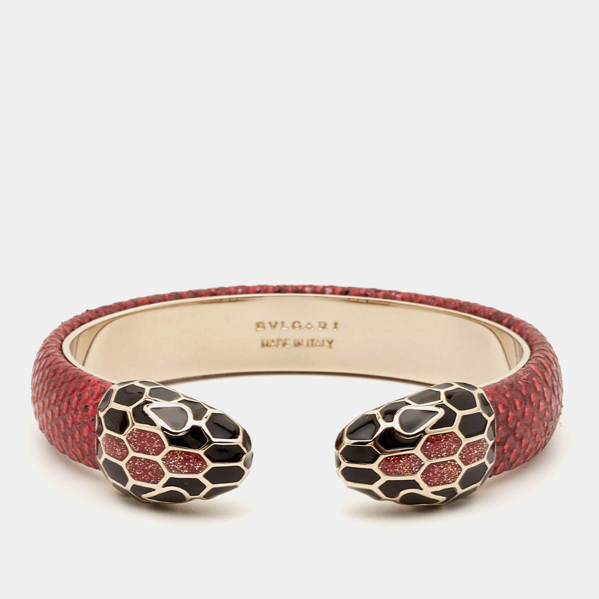 Pre Owned Bvlgari Serpenti Forever Snakeskin Leather Enamel Gold Tone Bracelet