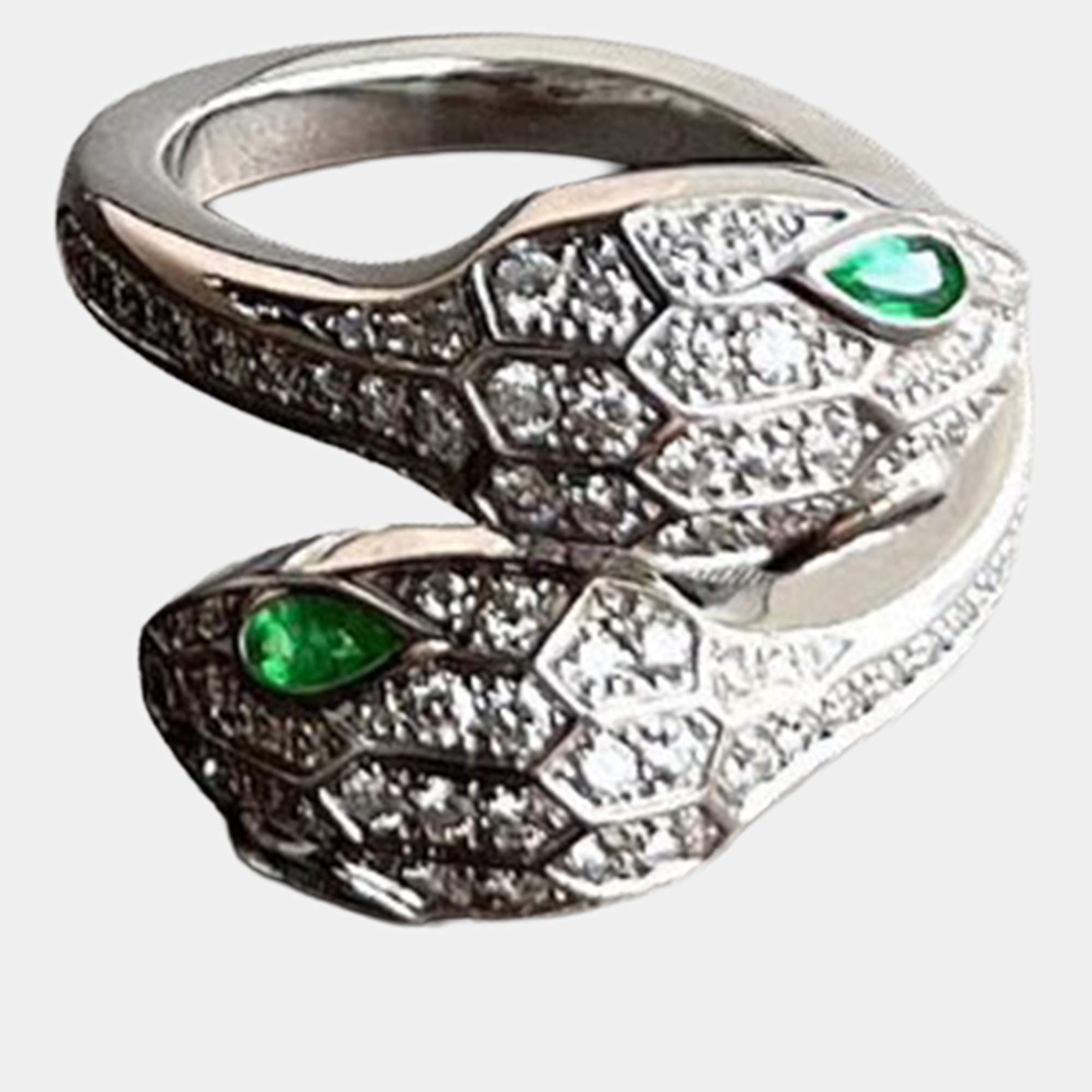 Pre Owned Bvlgari Serpenti 18K White Gold Emrald Ring EU 52