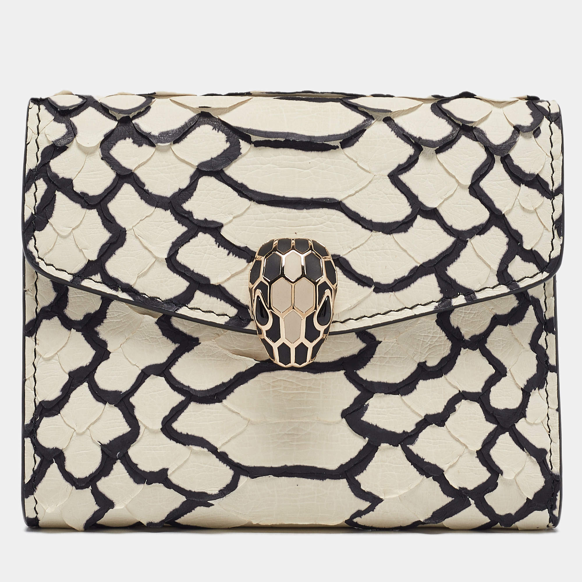 Bvlgari Off White/Black Python Serpenti Forever Trifold Wallet