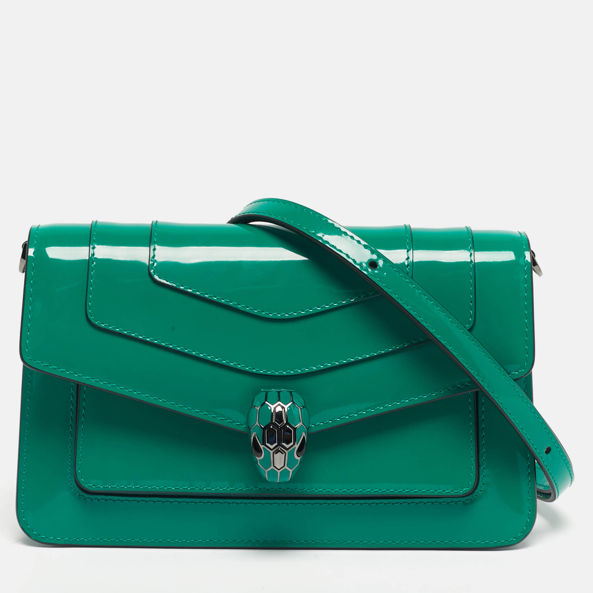 Pre Owned Bvlgari Green Patent Leather Serpenti Forever East West Shoulder Bag
