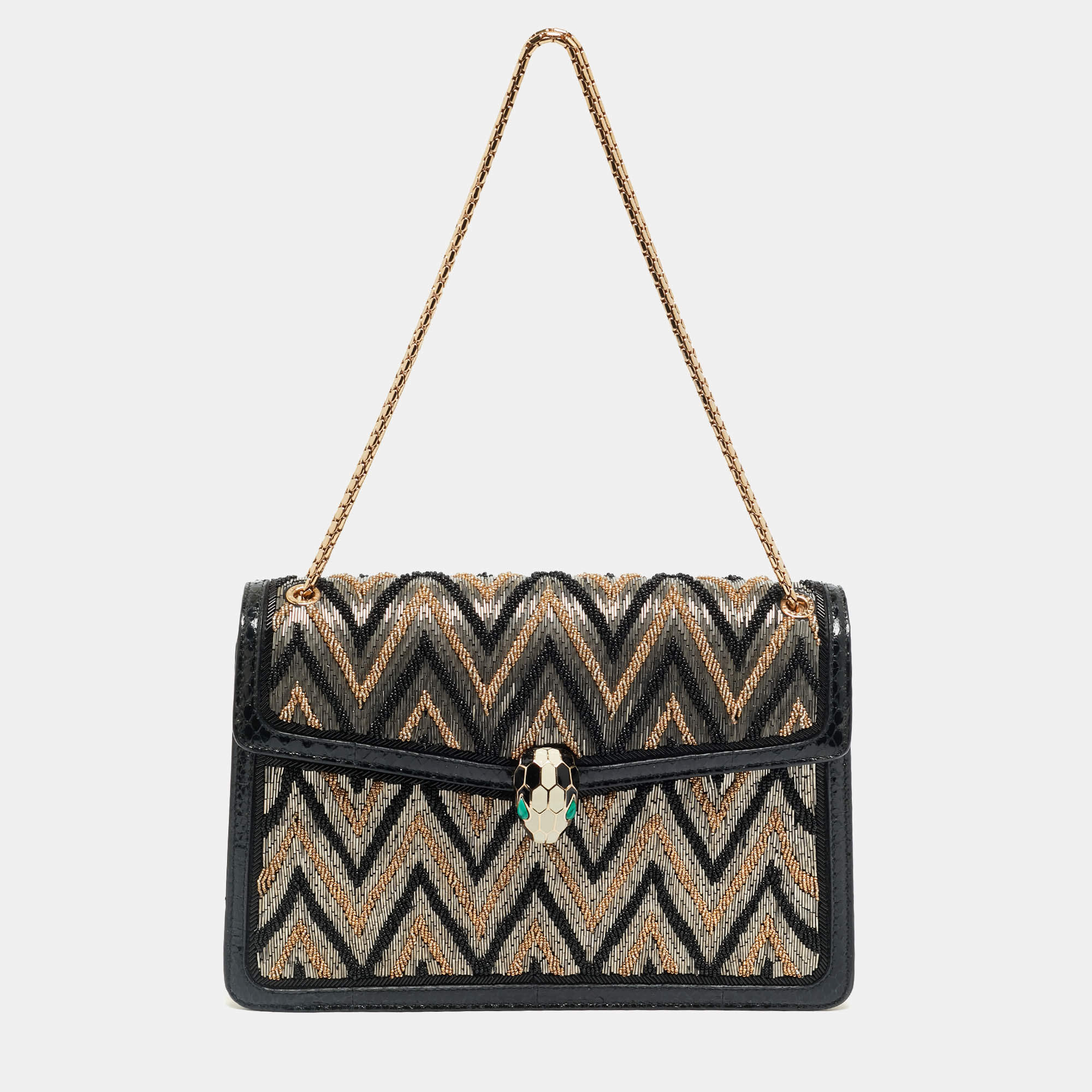 مملوكة مسبقًا Bvlgari Serpenti Forever Medium Tricolor Chevron Beaded Ayers Leather Shoulder Bag