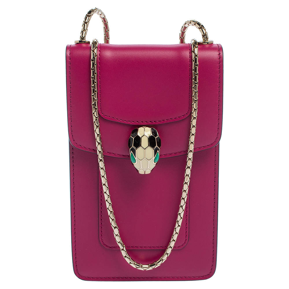 Pre Owned Bvlgari Fuchsia Leather Serpenti Forever Vertical Chain Pochette