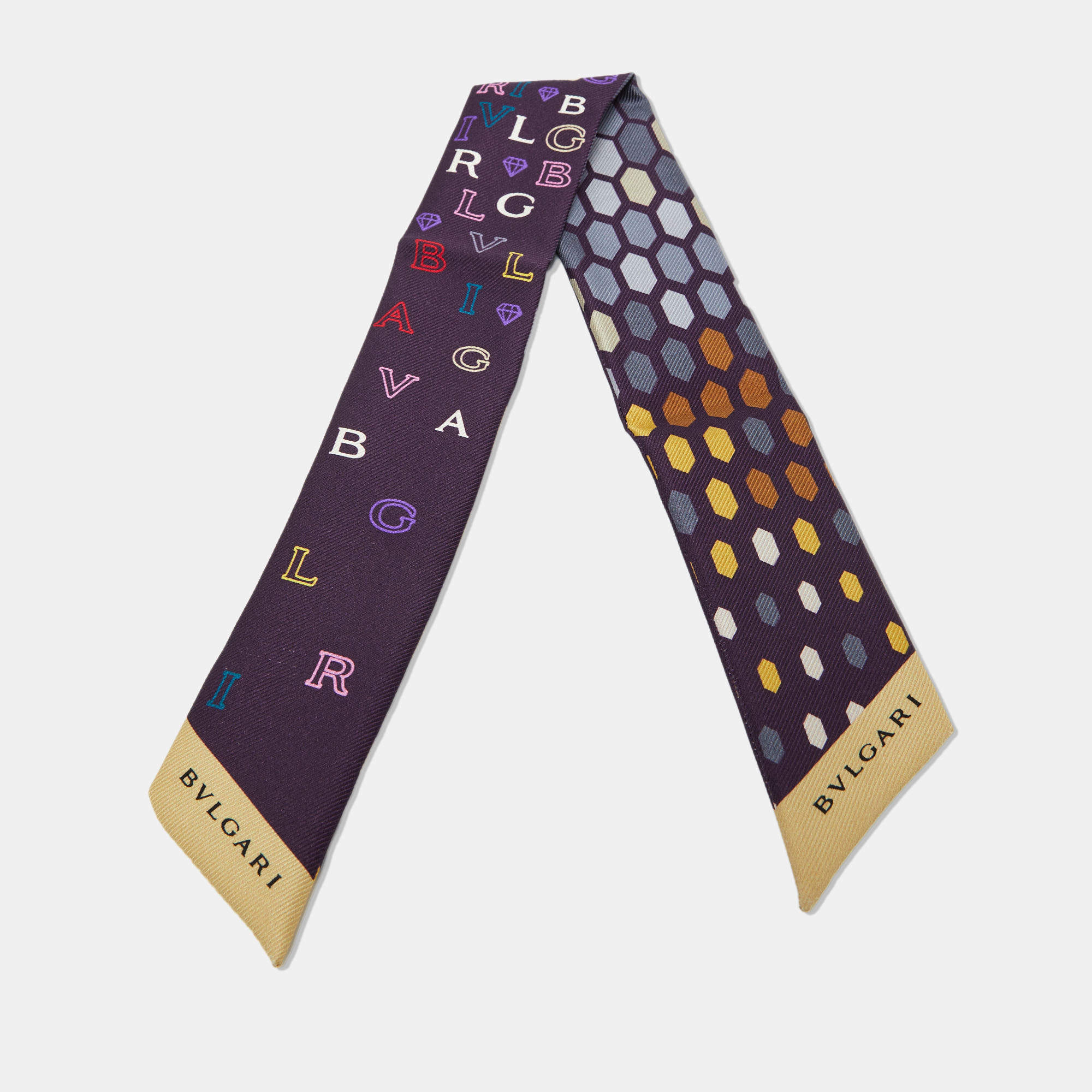 Pre Owned Bvlgari Purple Serpenti Letter Logo Print Silk Bandeau Scarf