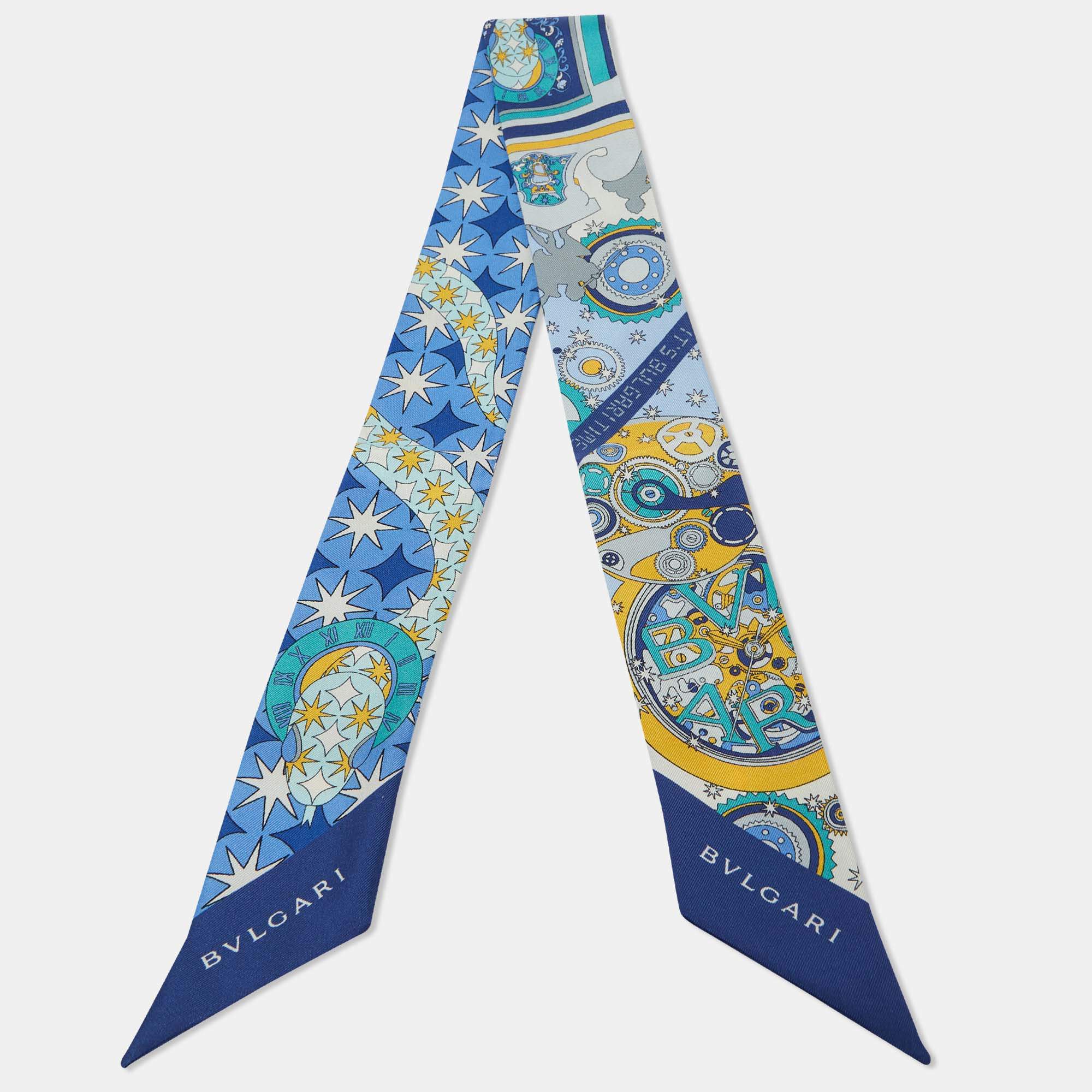 Pre Owned Bvlgari Blue Bvlgari Time Print Silk Mini Shelley Scarf