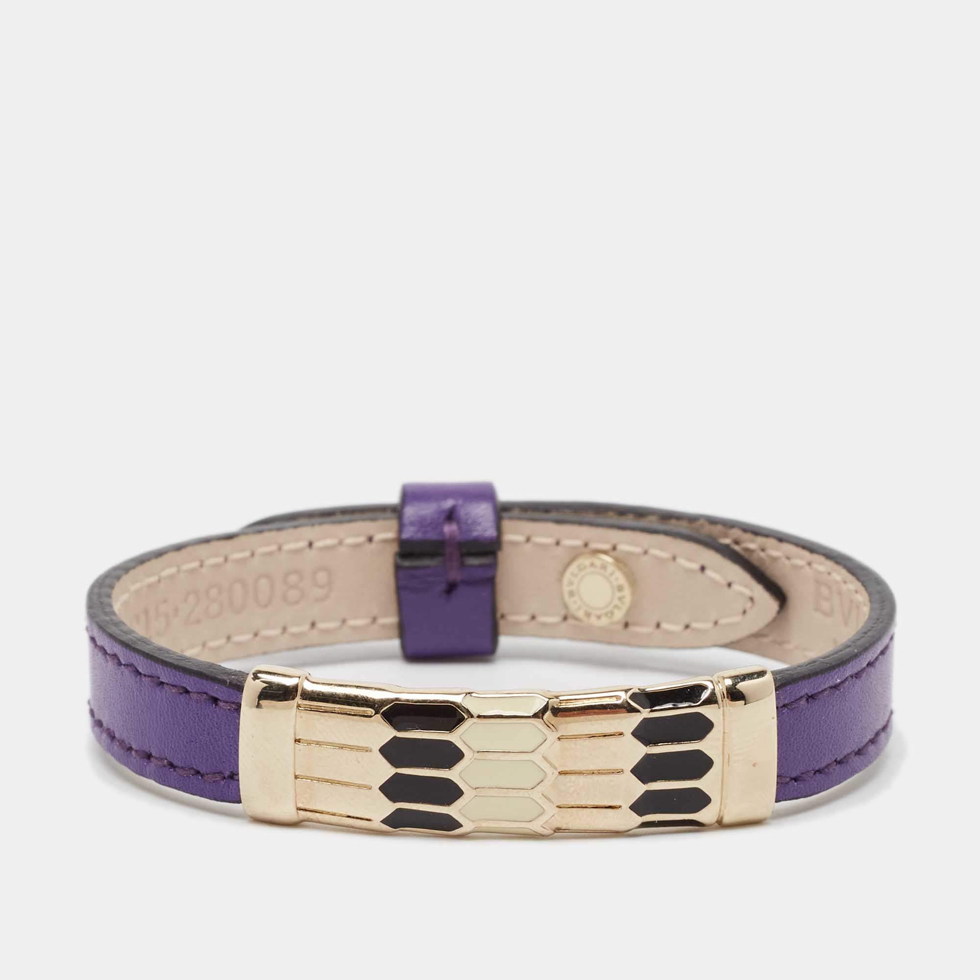 Pre Owned Bvlgari Scaglie Enamel Purple Leather Gold Plated Bracelet