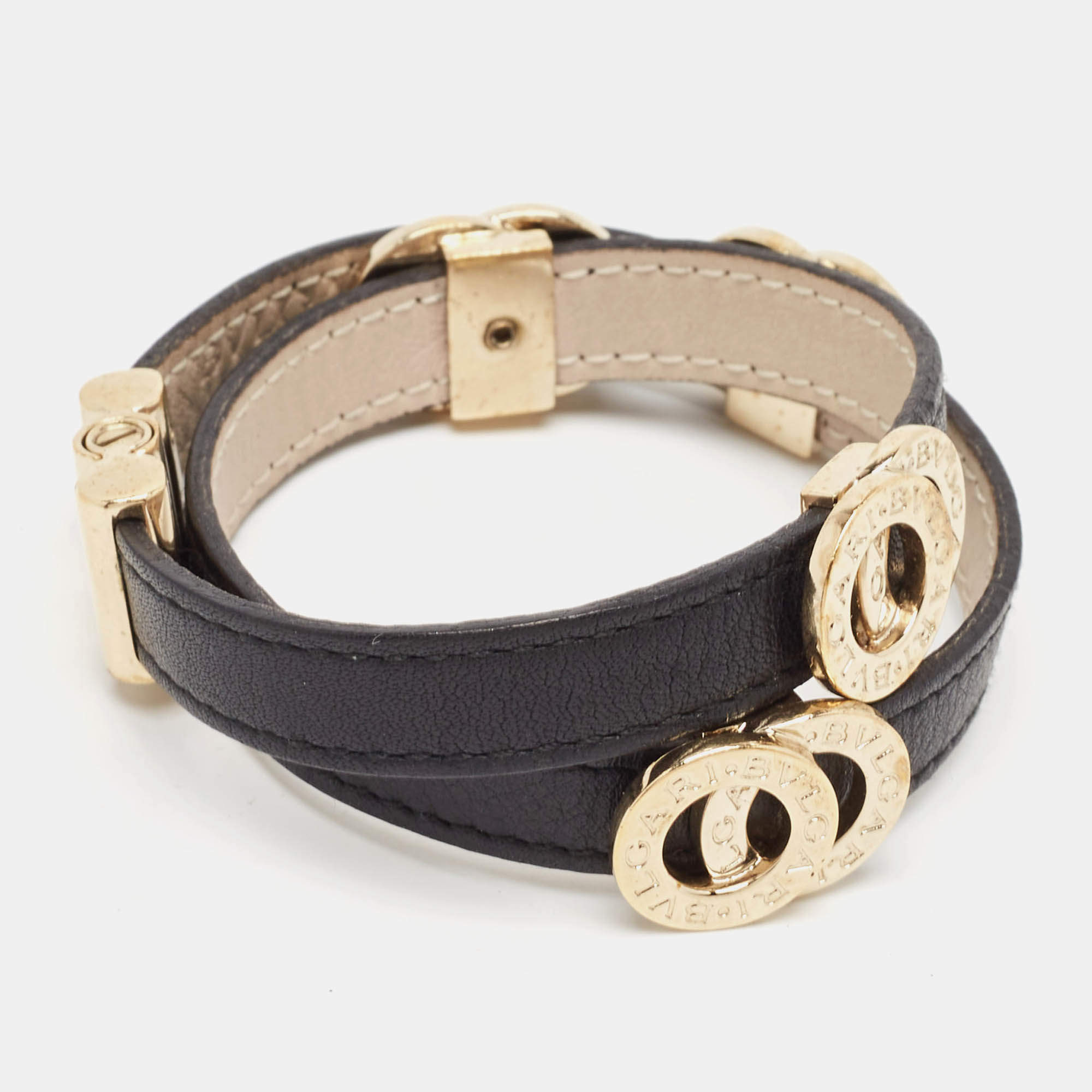 Bvlgari Bvlgari Leather Gold Tone Wrap Bracelet