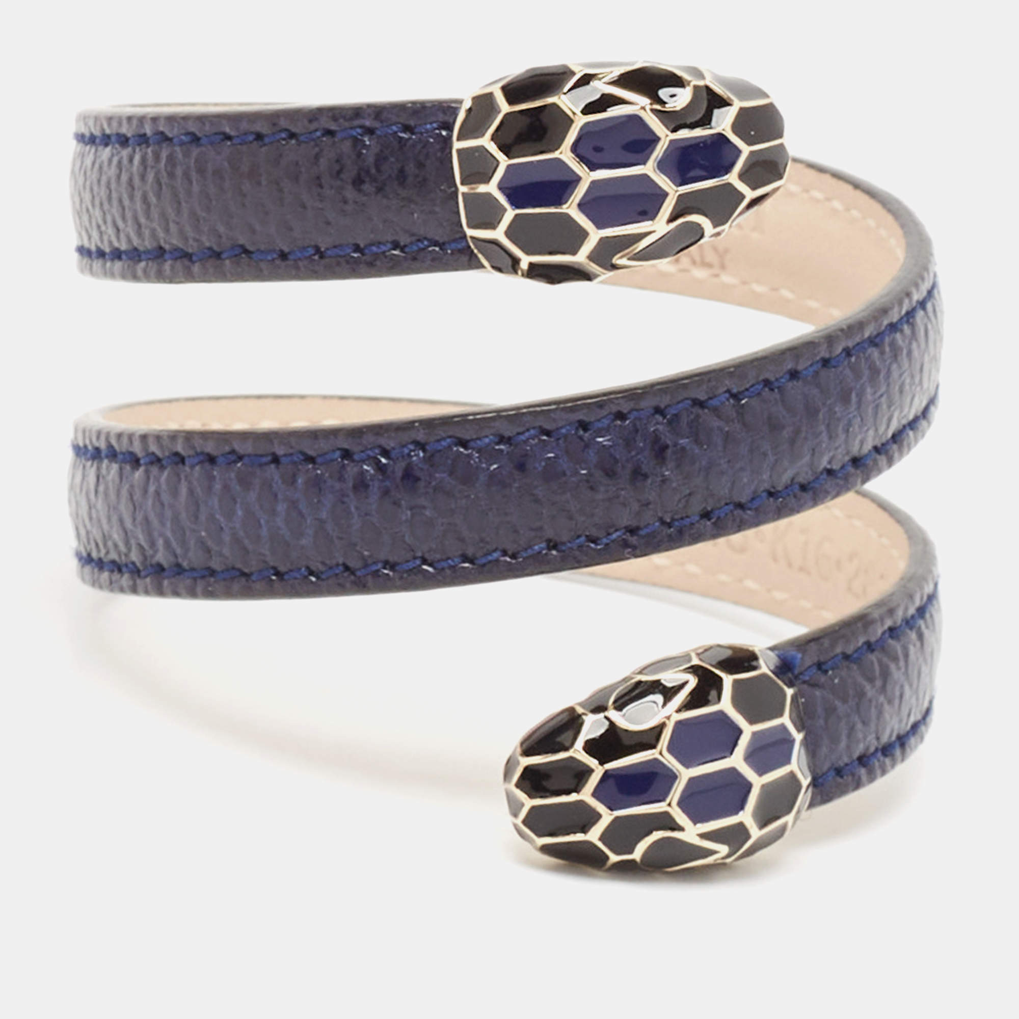 مملوكة مسبقًا Bvlgari Serpenti Forever Navy Blue Leather Multi-Coiled Enamel Gold Tone Bracelet