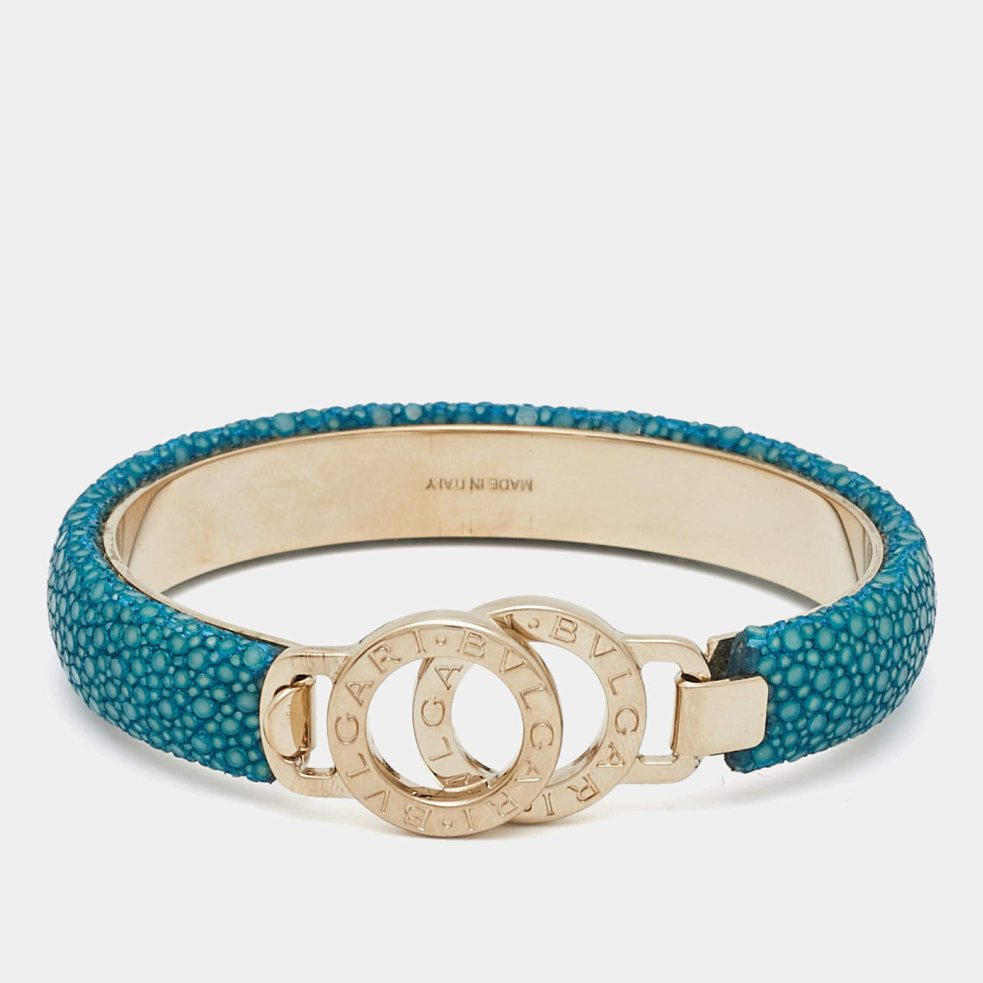 Pre Owned Bvlgari Bvlgari Blue Leather Gold Tone Bracelet
