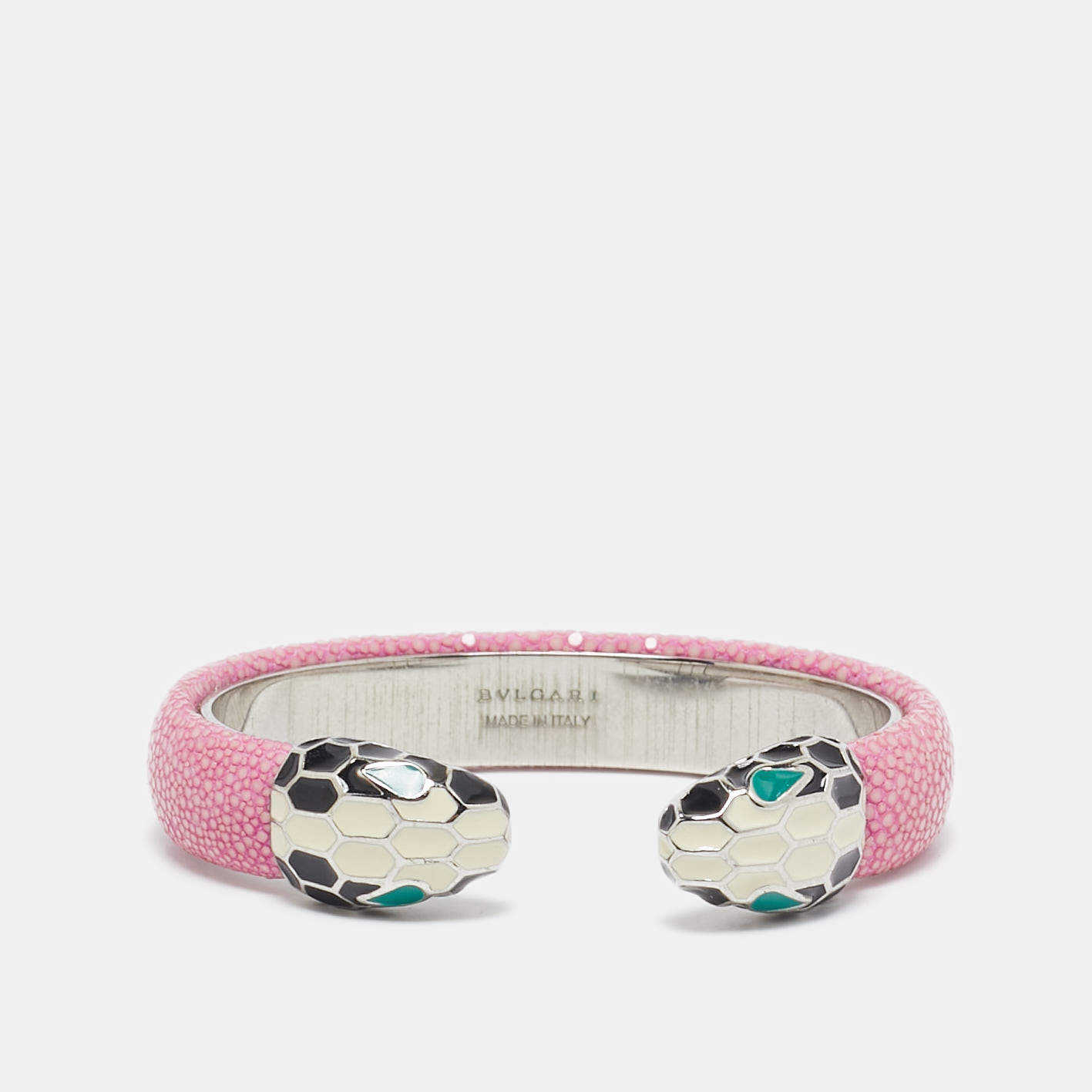 Pre Owned Bvlgari Serpenti Forever Enamel Pink Galuchat Leather SIlver Tone Open Cuff Bracelet