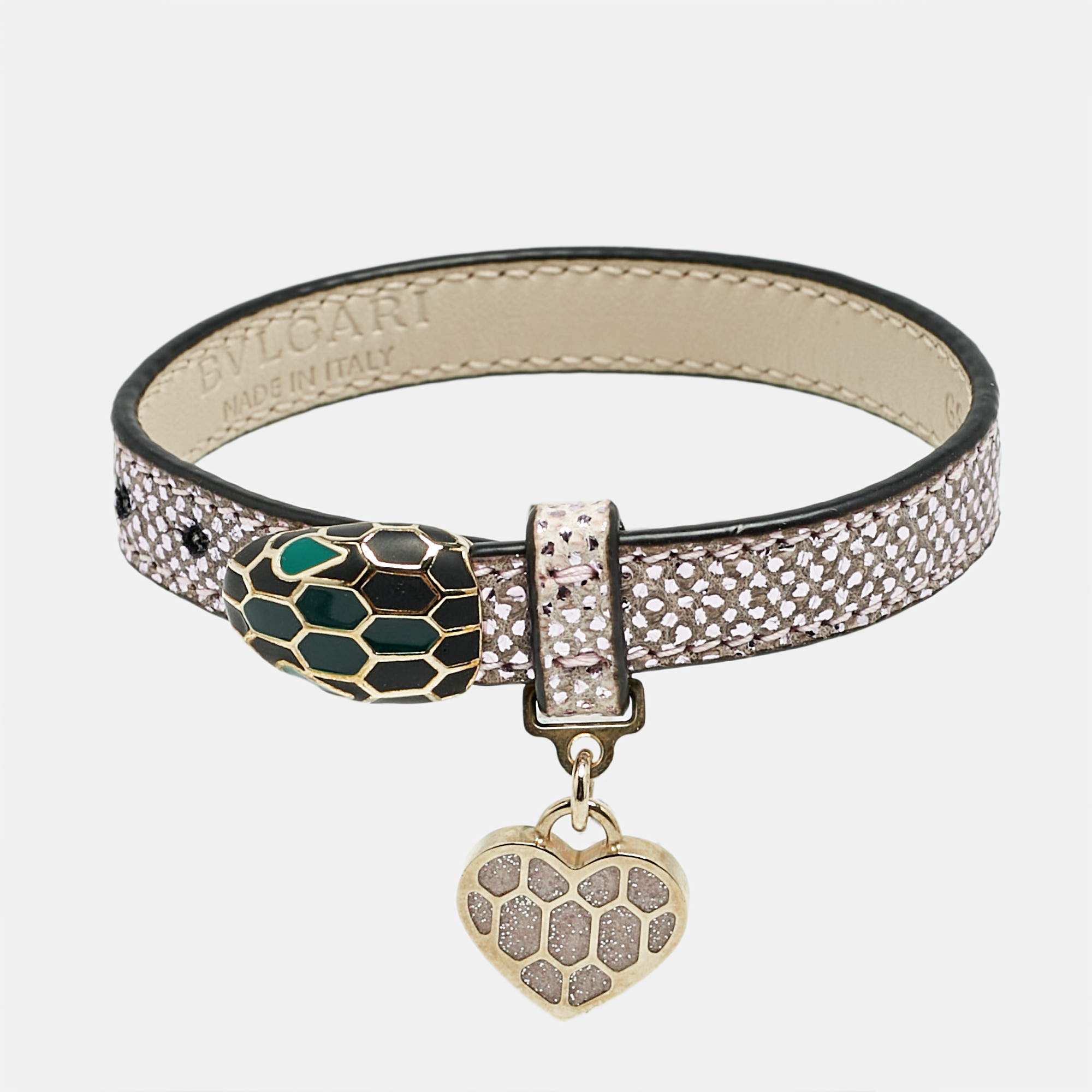 Bvlgari Serpenti Forever Leather Heart Charm Enamel Gold Tone Bracelet