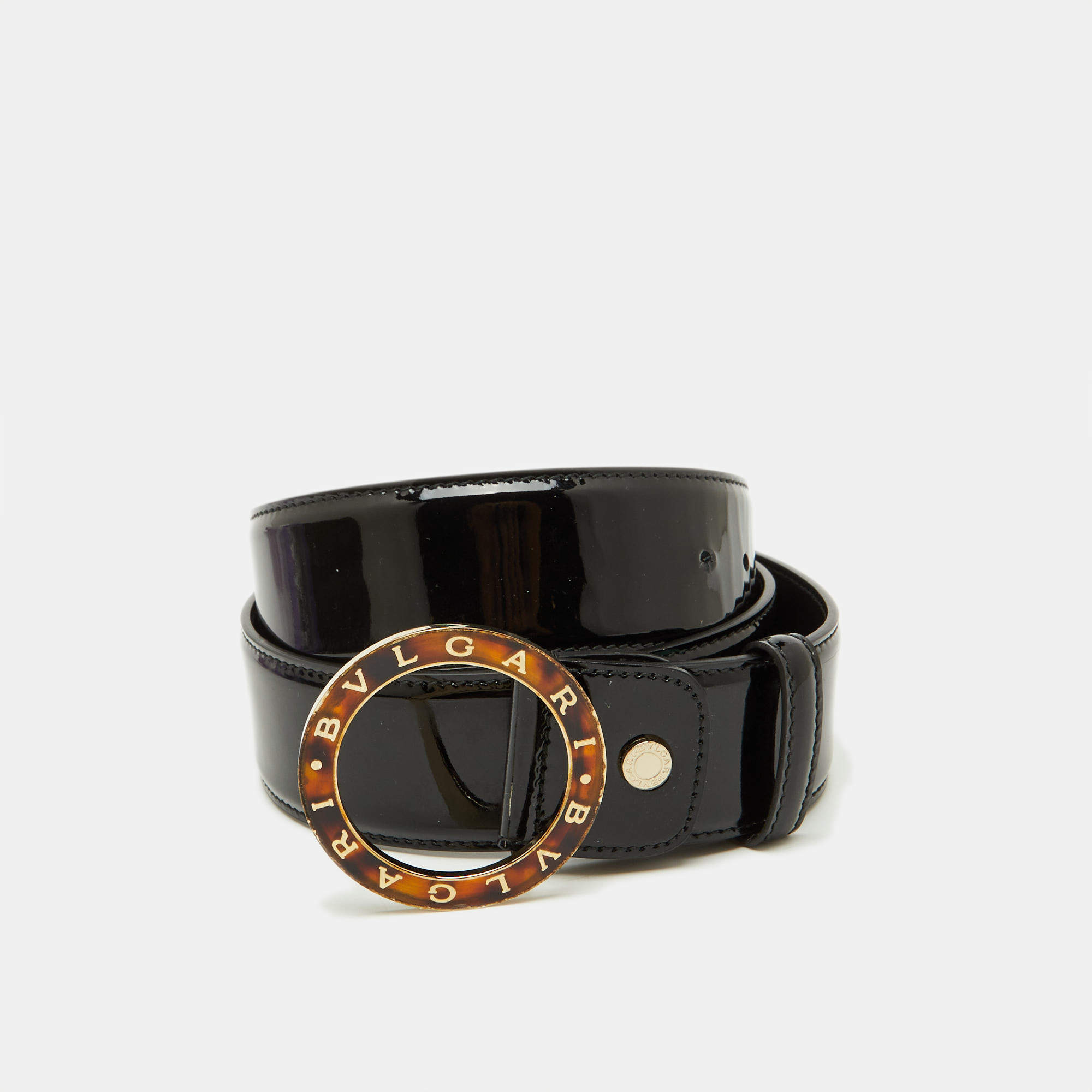 Pre Owned Bvlgari Black Patent Leather Ring Buckle Belt 110CM