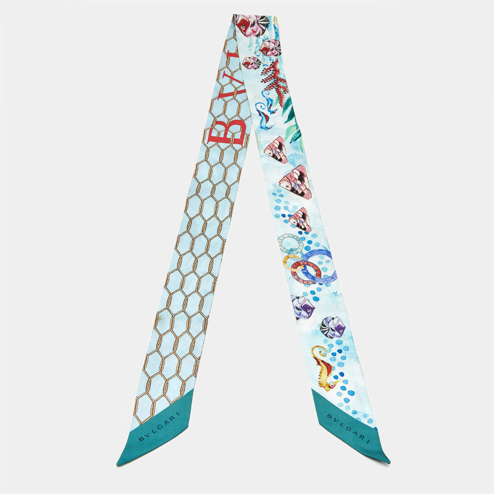 Pre Owned Bvlgari Limited Edition Blue Sea Animals Printed Silk Bandeau Scarf