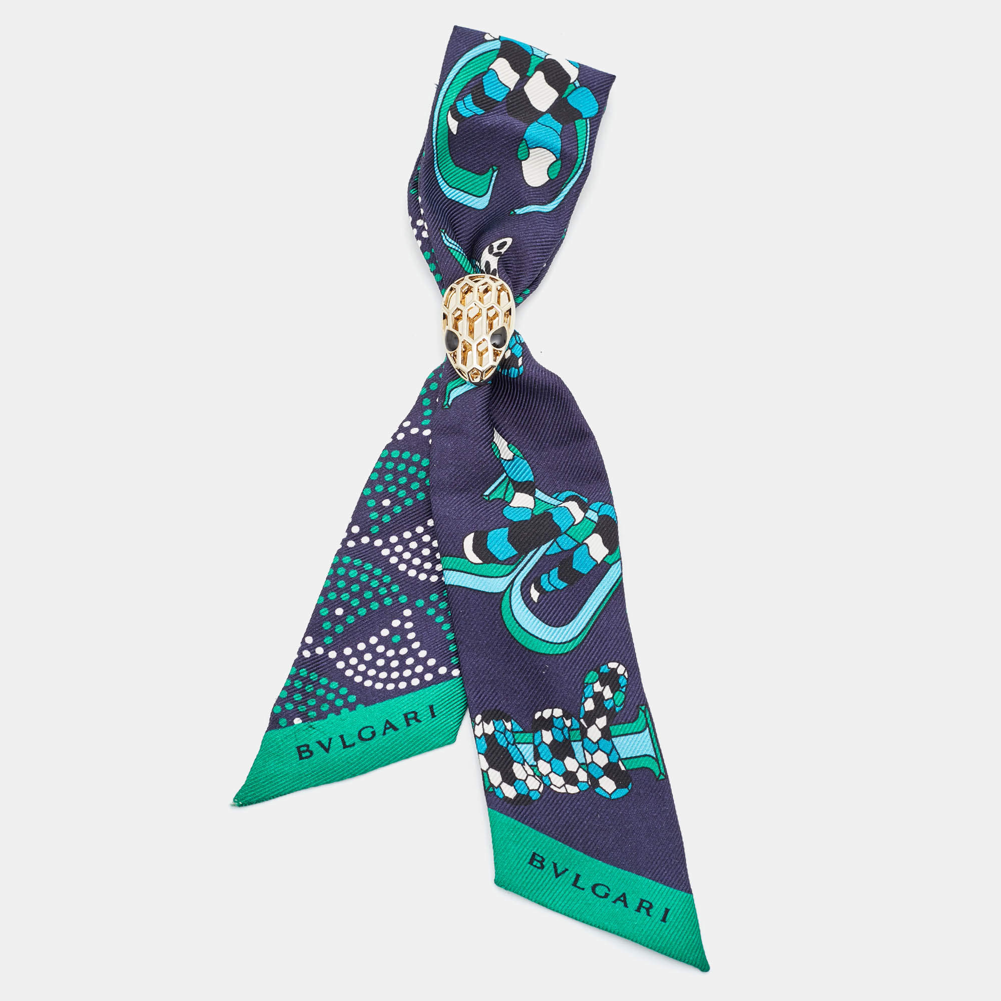 Pre Owned Bvlgari Navy Blue Metallic Detail Silk Serpenti Shelley