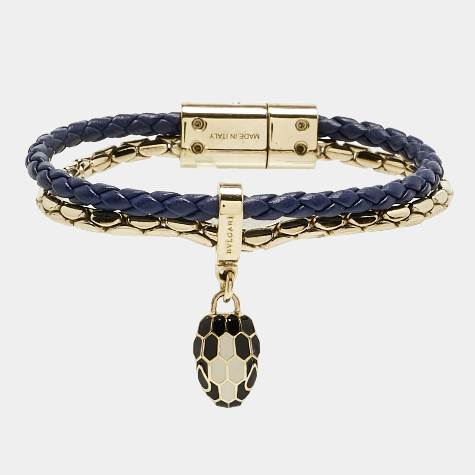 Pre Owned Bvlgari Serpenti Forever Leather Enamel Gold Tone Bracelet