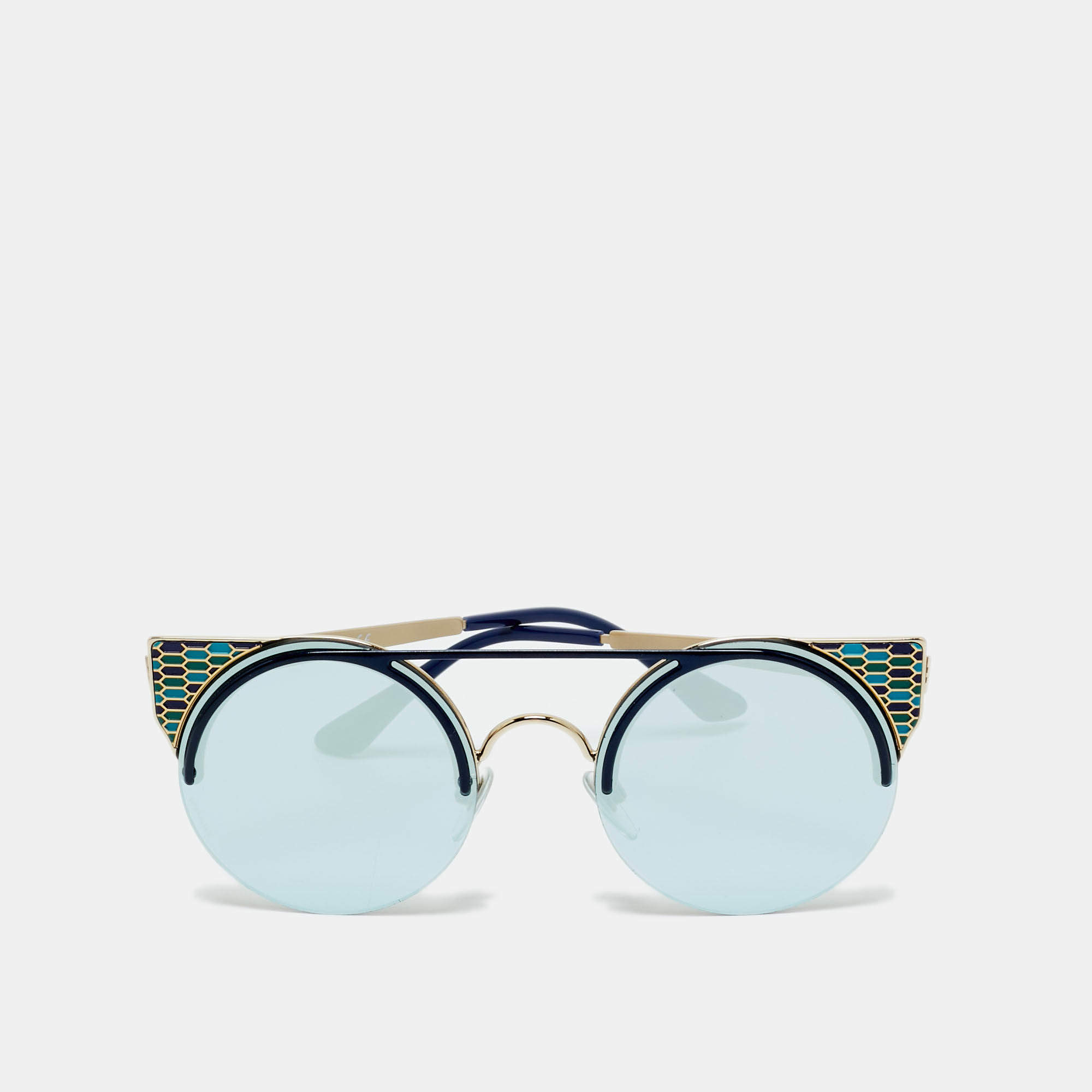 Pre Owned Bvlgari Blue/Gold Tone Mirrored 6088 Serpenti Frame Round Sunglasses
