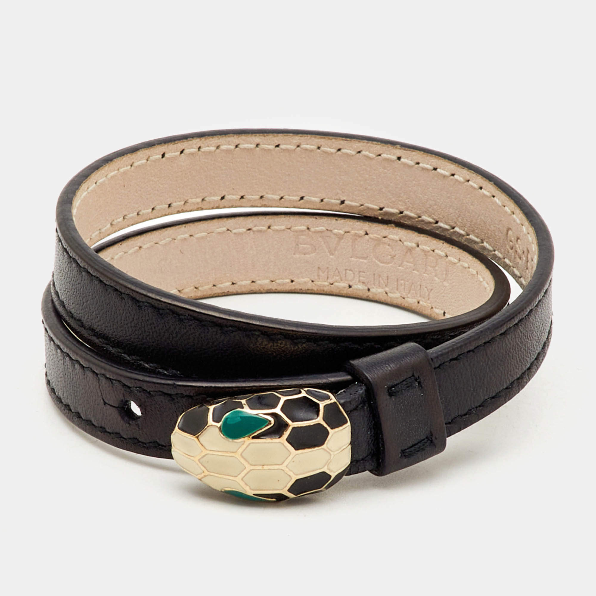 Pre Owned Bvlgari Serpenti Forever Black Leather Enamel Gold Tone  Wrap Bracelet