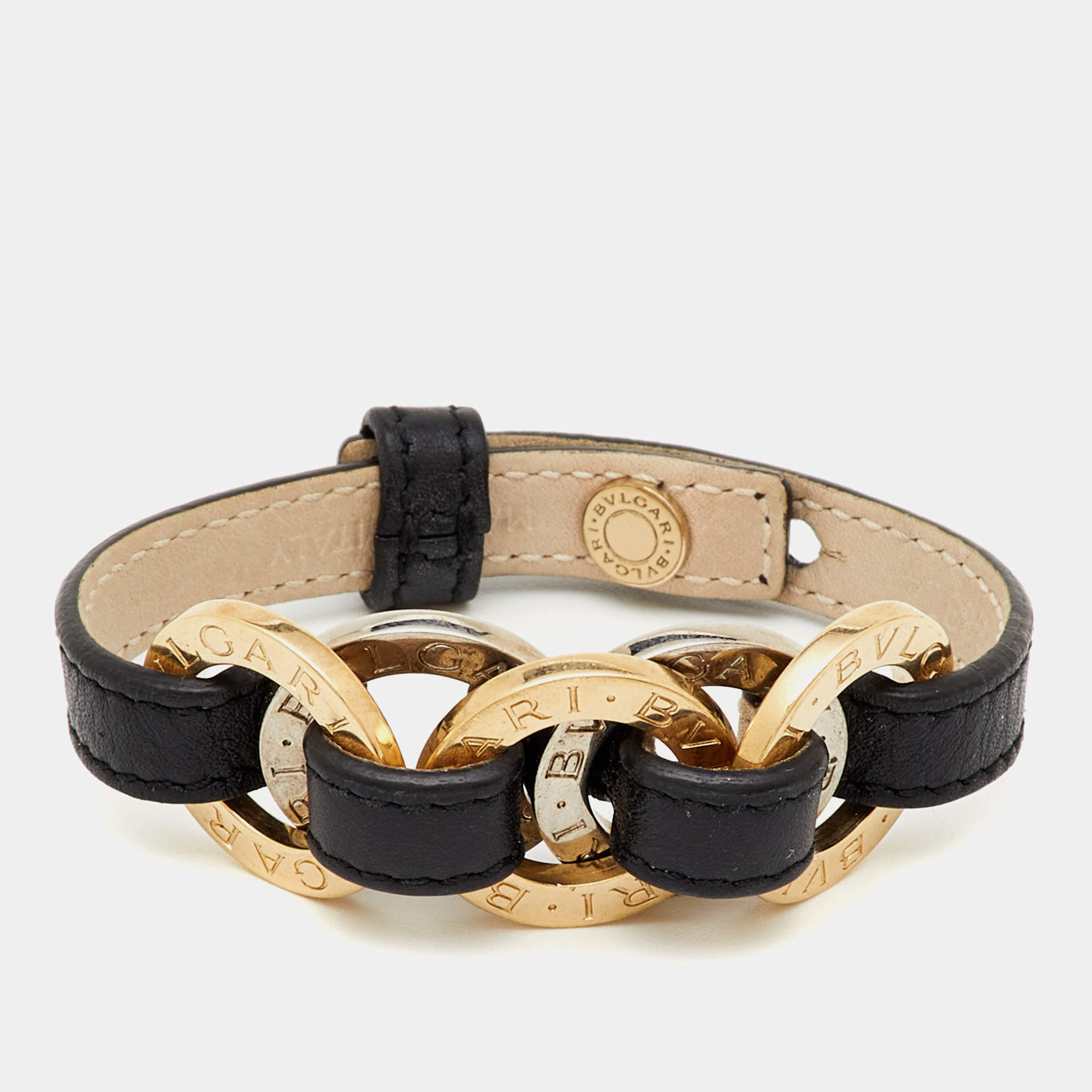 Pre Owned Bvlgari Two Tone Interlocking Circles Black Leather Bracelet