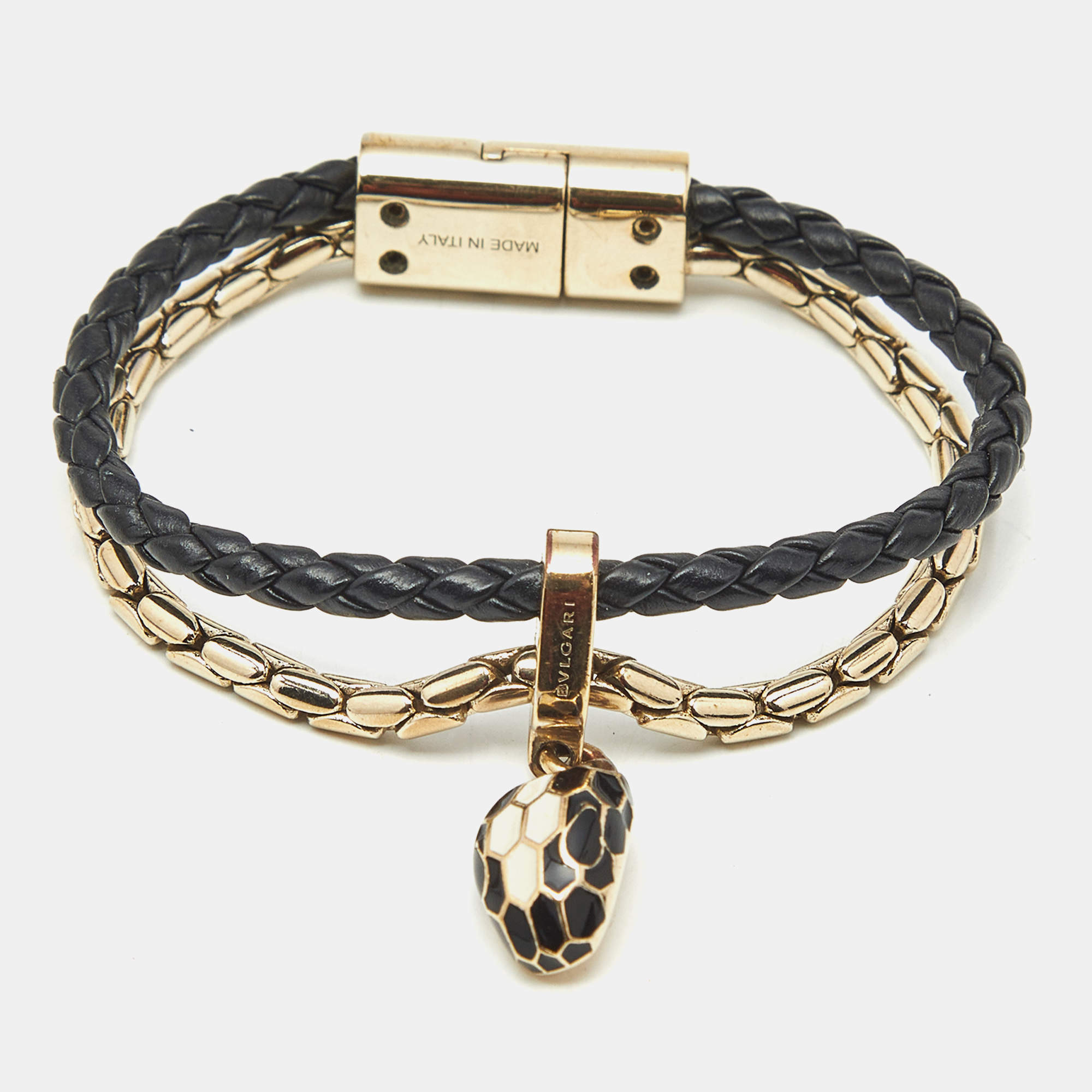 Pre Owned سوار بلغاري سربنتي فورايفر نحاسي مطلي ذهب وجلد مضفر