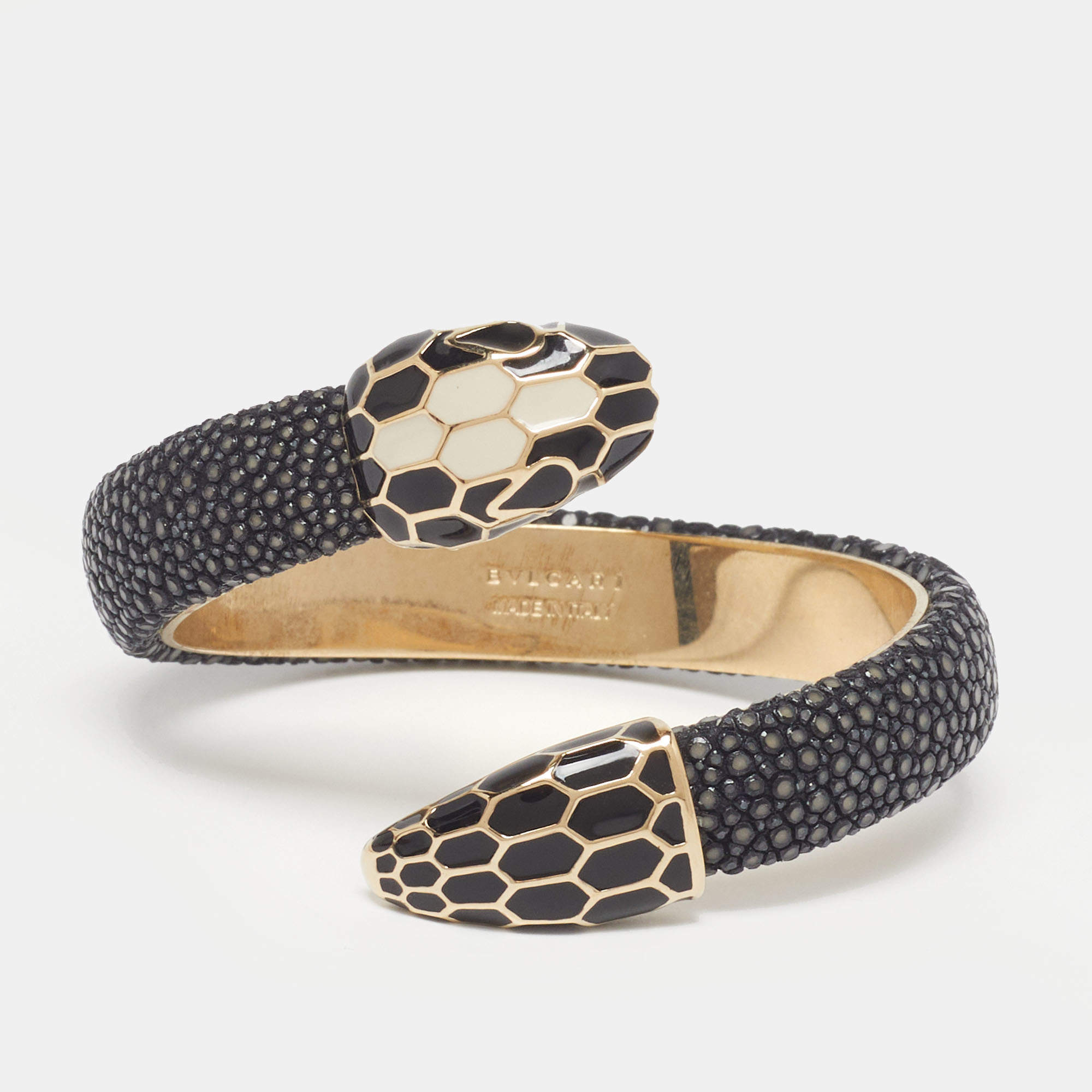 Pre Owned Bvlgari Serpenti Enamel Leather Gold Tone Open Cuff Bracelet