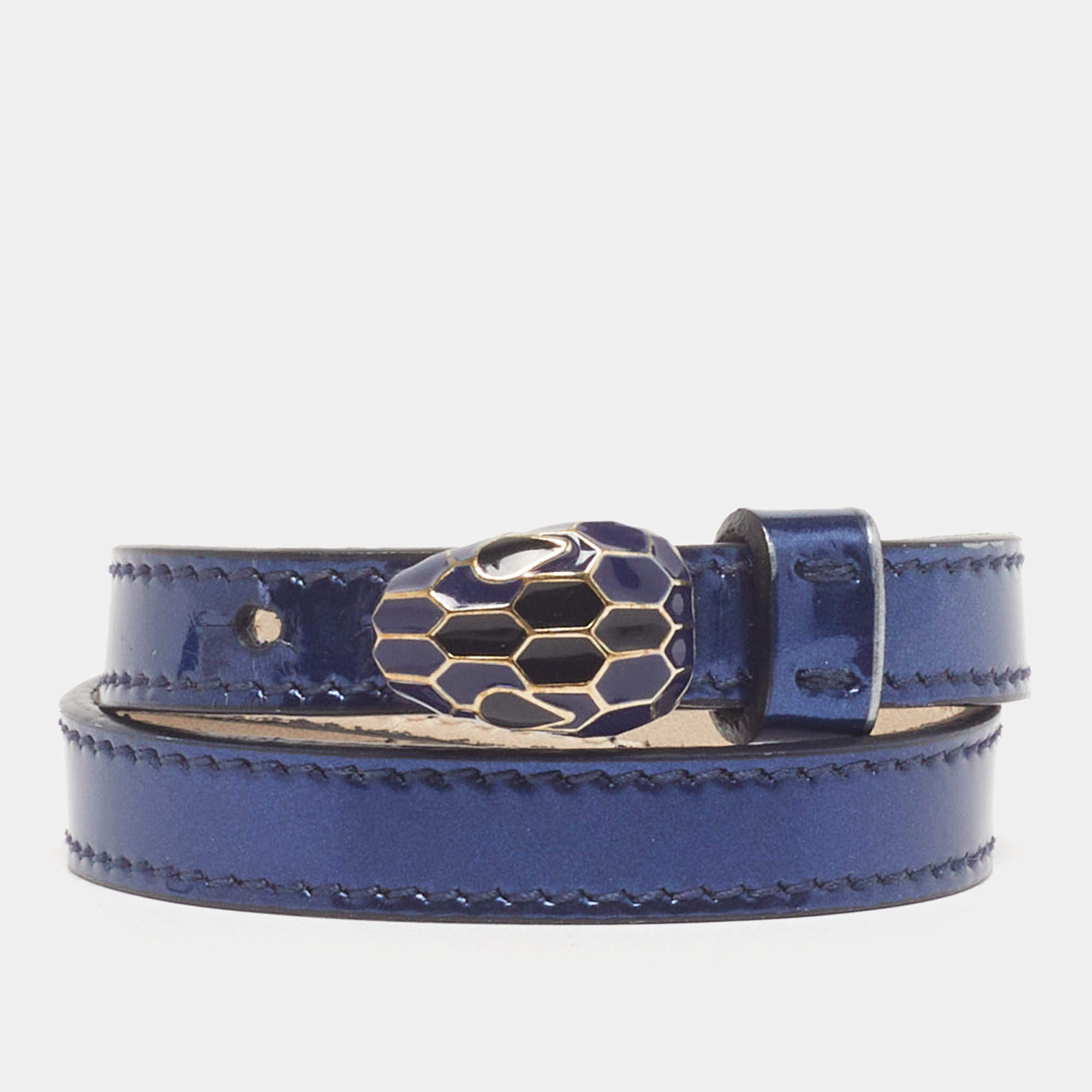 Pre Owned Bvlgari Serpenti Forever Blue Patent Leather Enamel Gold Tone Double Wrap Bracelet