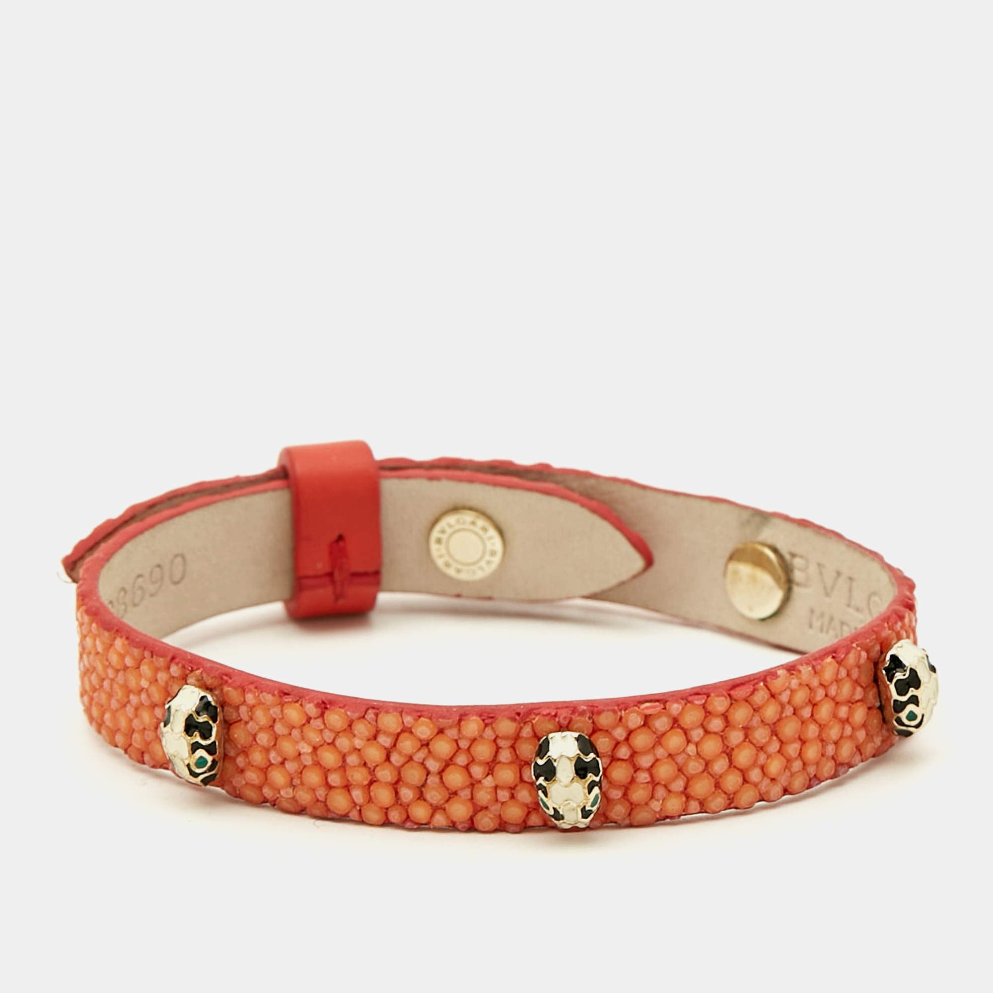 Pre Owned Bvlgari Serpenti Enamel Gold Tone Leather Bracelet