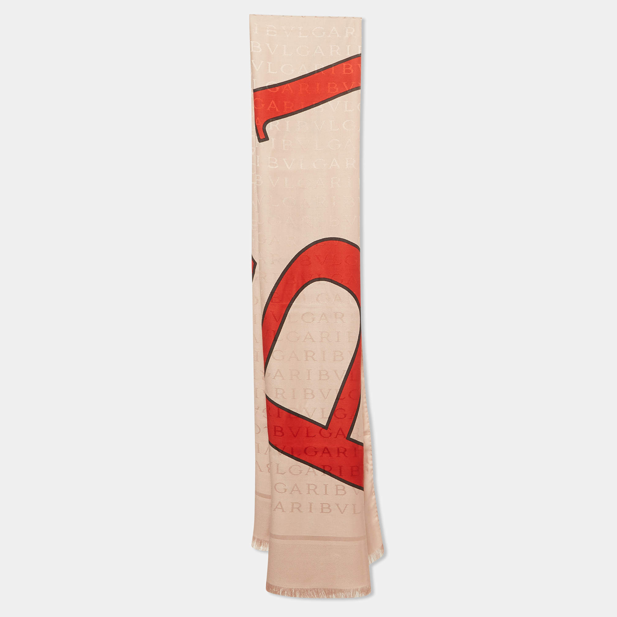 Pre Owned Bvlgari Pink Logomania Jacquard Silk Wool Blend Fringed Stole 