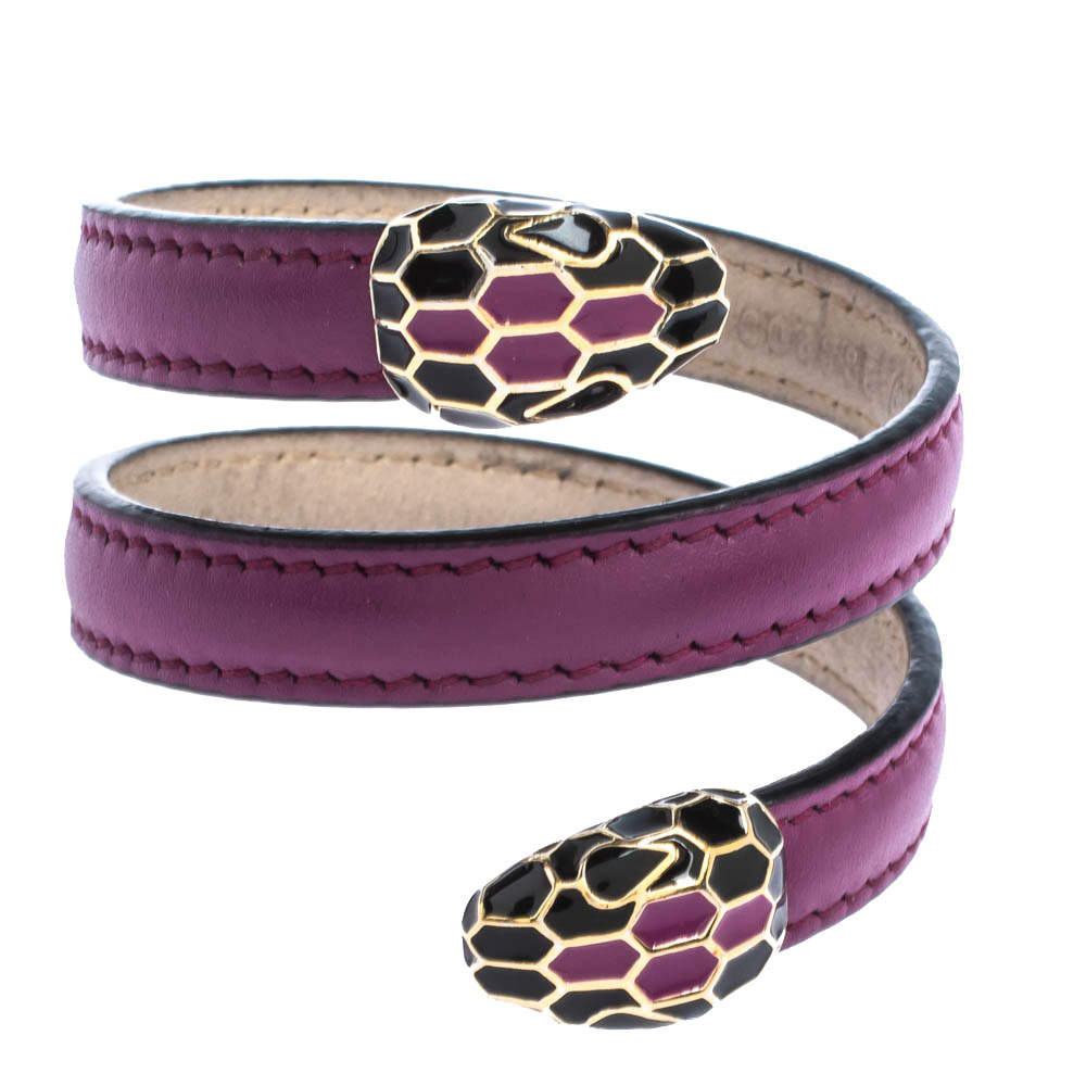 Pre Owned Bvlgari Serpenti Forever Enamel Purple Leather Wrap Bracelet