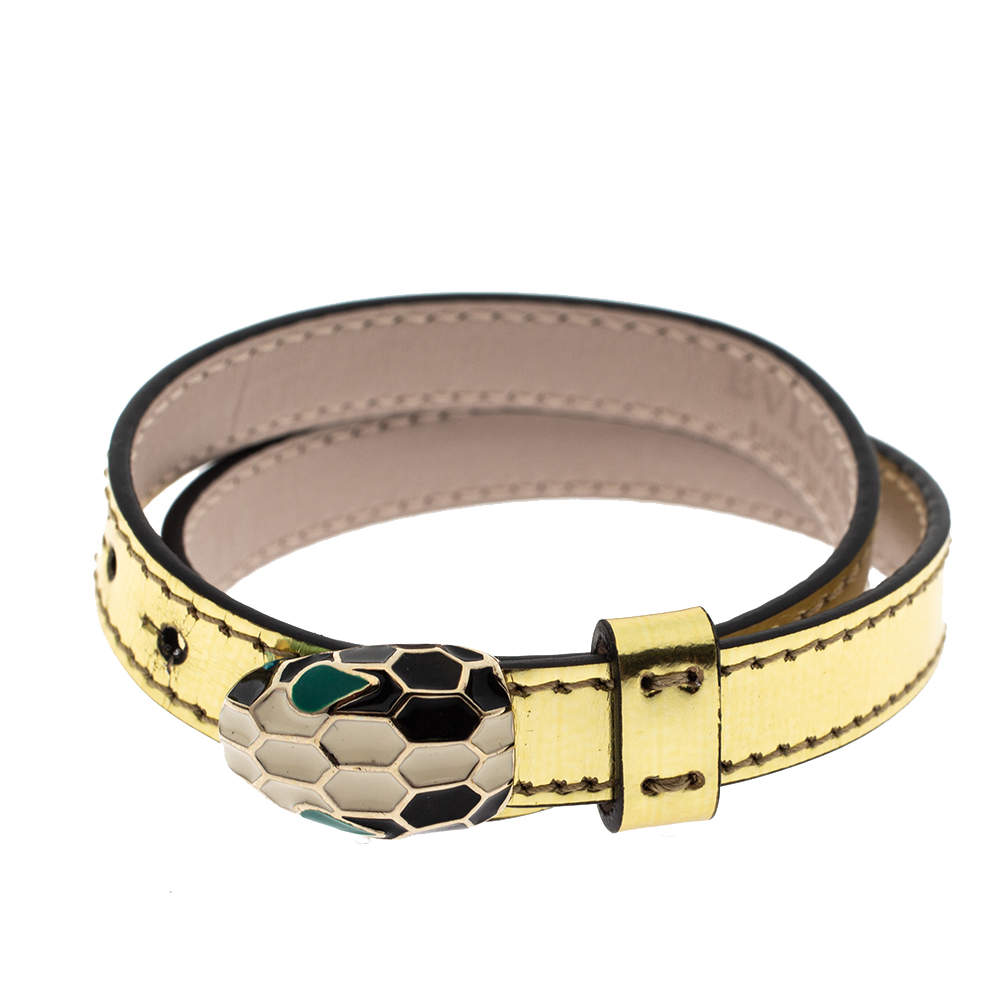 Pre Owned Bvlgari Serpenti Forever Enamel Metallic Leather Gold Plated Double Coiled Bracelet