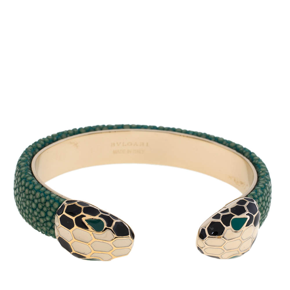 Bvlgari Green Galuchat Serpenti Forever Gold Plated Open Cuff Bracelet 