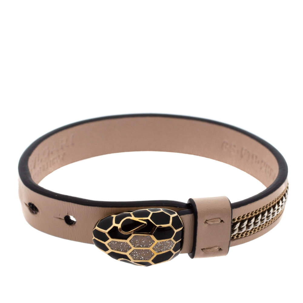 Pre Owned Bvlgari Serpenti Forever 3 Chain Motif Enamel Milky Opal Leather Gold Plated Bracelet