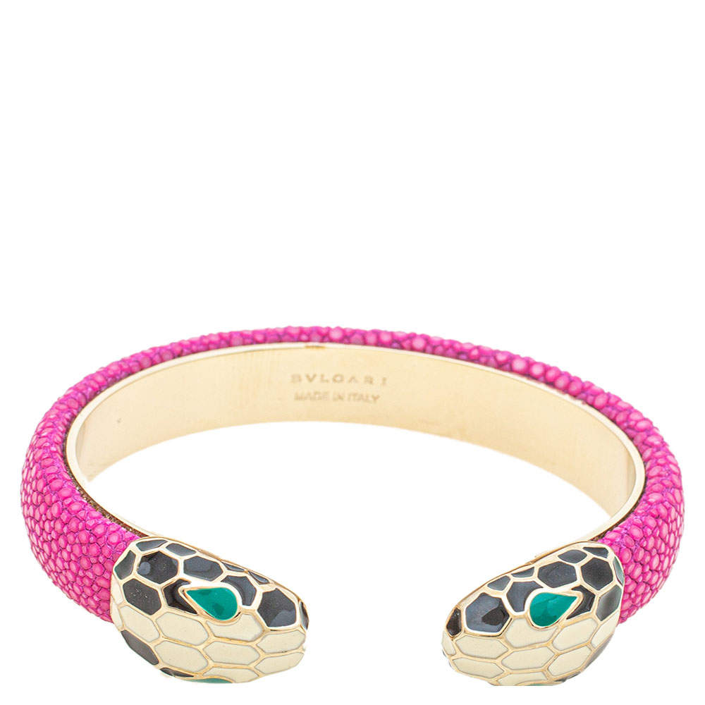 Pre Owned Bvlgari Serpenti Forever Pink Galuchat Leather Open Cuff Bracelet 15 cm