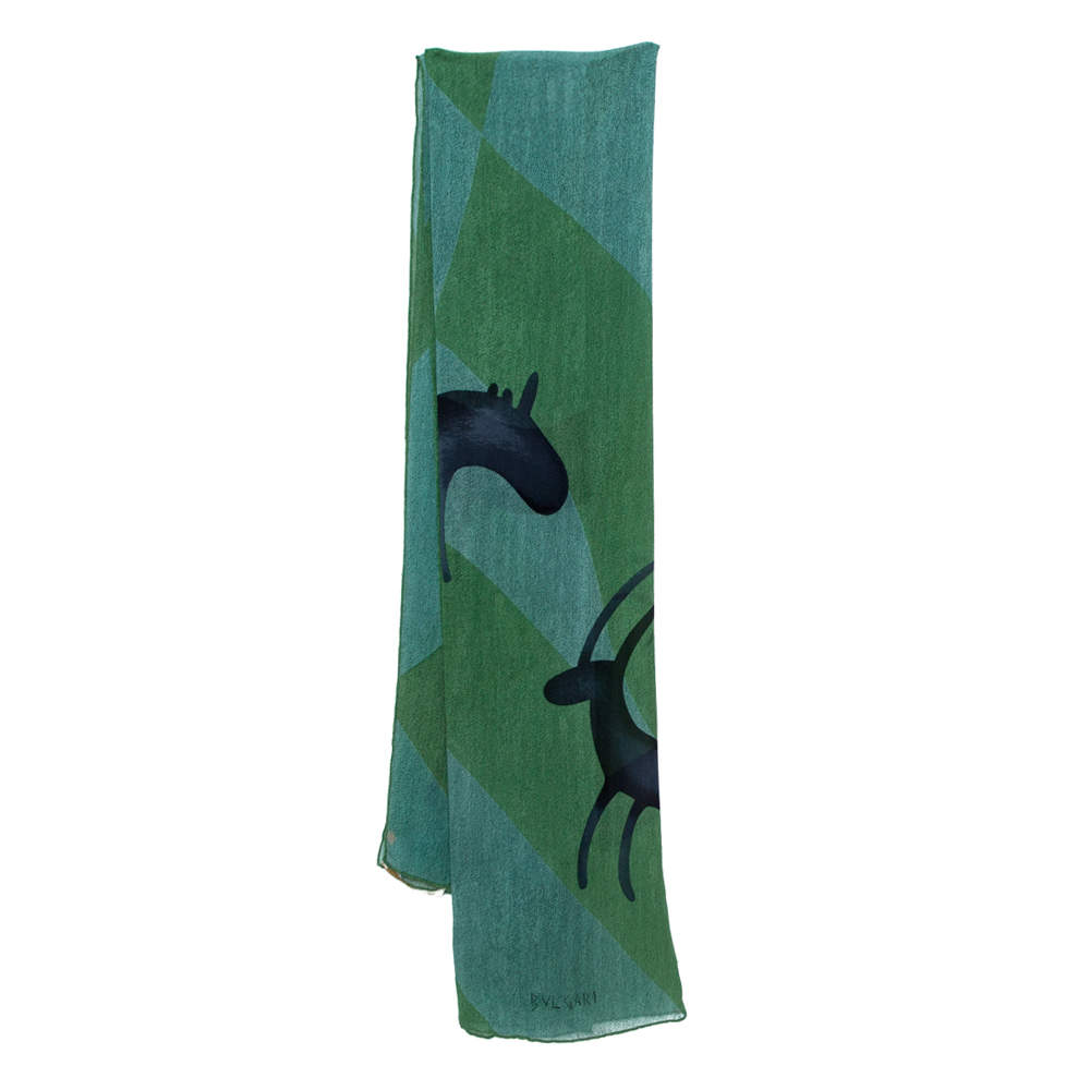Bvlgari x Davide Pizzigone Green Animal Print Silk Scarf